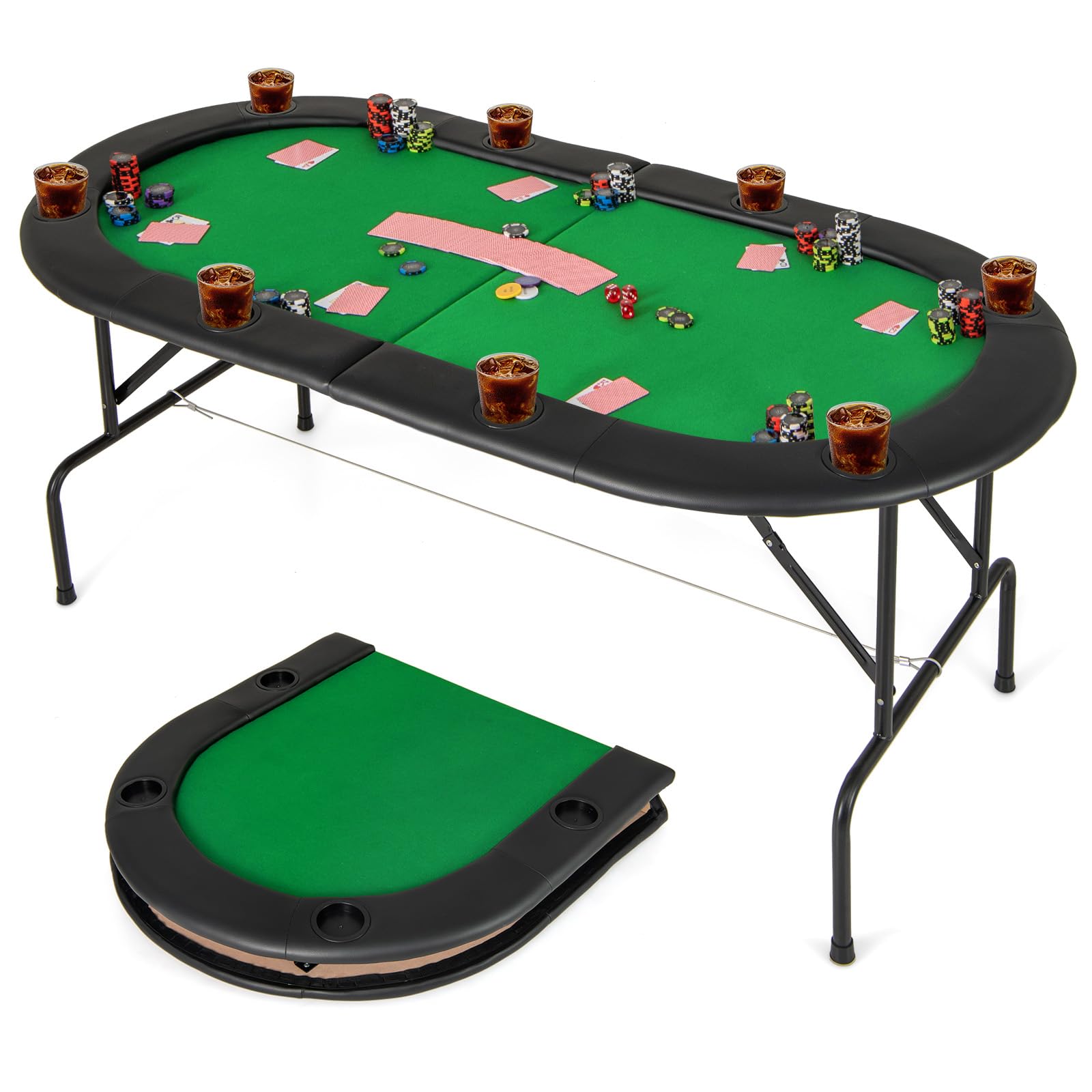 Giantex 8 Player Foldable Poker Table with Cup Holders & Armrests - Casino Grade Felt Portable Card Game Table for Texas Holdem & Blackjack - Perfect for Game Nights, Casino Parties & Home Entertainment