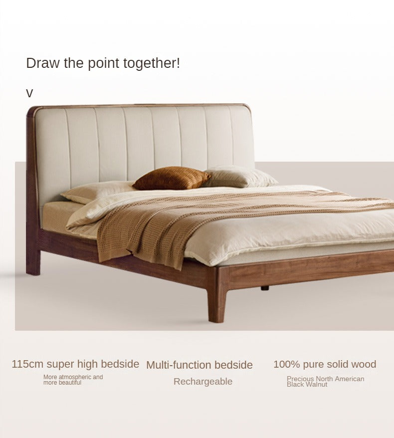 Premium Black Walnut Solid Wood Bed with Genuine Leather Upholstery - USB Charging Ports Included - Perfect for Master Bedrooms & Guest Rooms