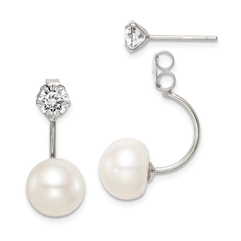 925 Sterling Silver Rhodium Plated 9-10mm Button Freshwater Pearl & Cubic Zirconia Simulated Diamond Front/Back Earrings (21mm) - Elegant Jewelry Gifts for Women, Perfect for Weddings, Parties & Special Occasions