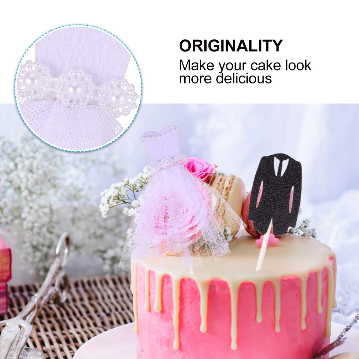 Elegant Hemoton Wedding Cake Toppers Set of 5 - Baby Shower Cupcake Decorations, Gauze Skirt Yarn Picks for European & American Brides - Perfect for Wedding Parties, Baby Showers & Special Celebrations