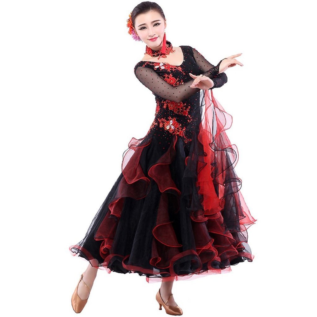 Elegant Women's Modern Waltz Tango Smooth Ballroom Dance Dress - Standard Competition Dress (Size 2XL) in Black - Perfect for Ballroom Dancing, Latin Dance & Professional Performances