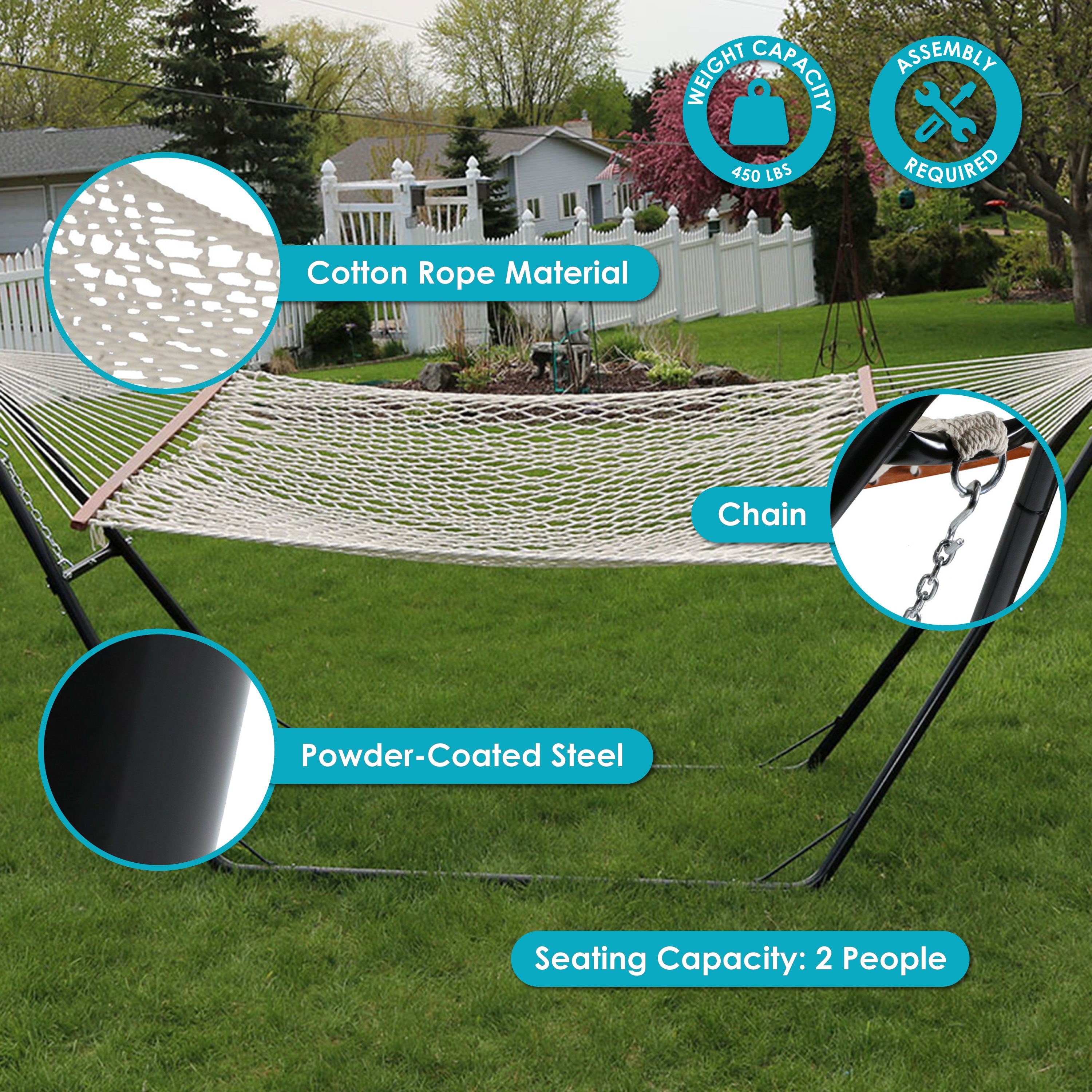 Sunnydaze 2-Person Cotton Rope Hammock with Steel Stand - Portable Outdoor Hammock for Backyard, Patio, Beach & Camping - Perfect for Relaxation & Lounging
