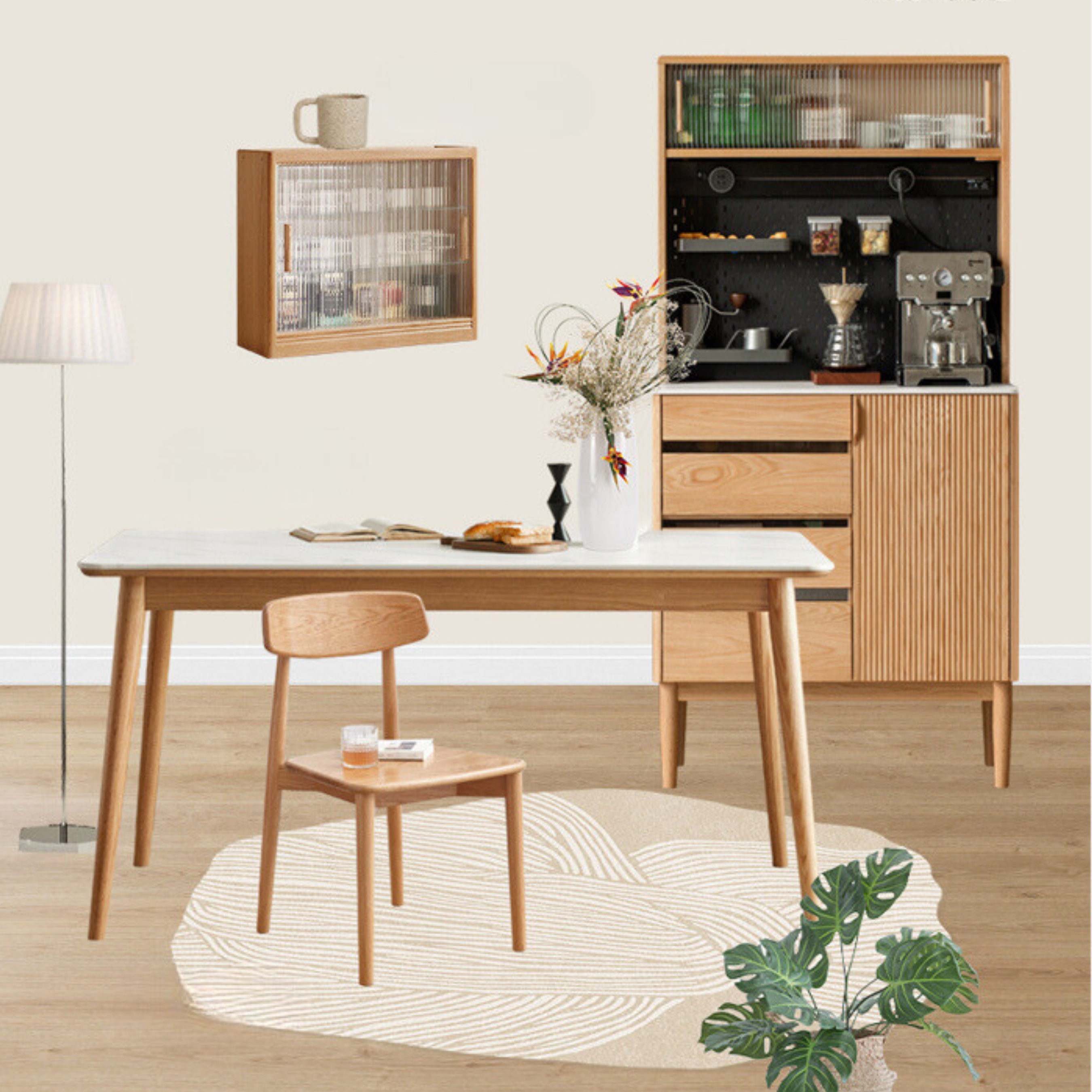 Solid Oak Wood Modern Rock Board Side High Tea Cabinet Buffet - Stylish Storage for Dining Room, Living Room & Kitchen | Perfect for Tea Parties, Buffets & Home Decor