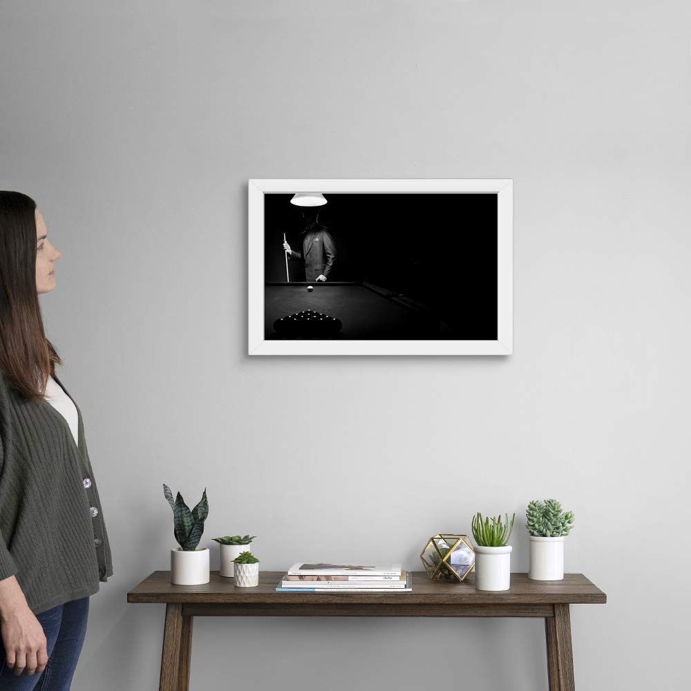 White Framed Billiards Art Print - Stylish Pool Player Mystery Scene - Perfect for Game Room, Man Cave & Sports Bar Decor