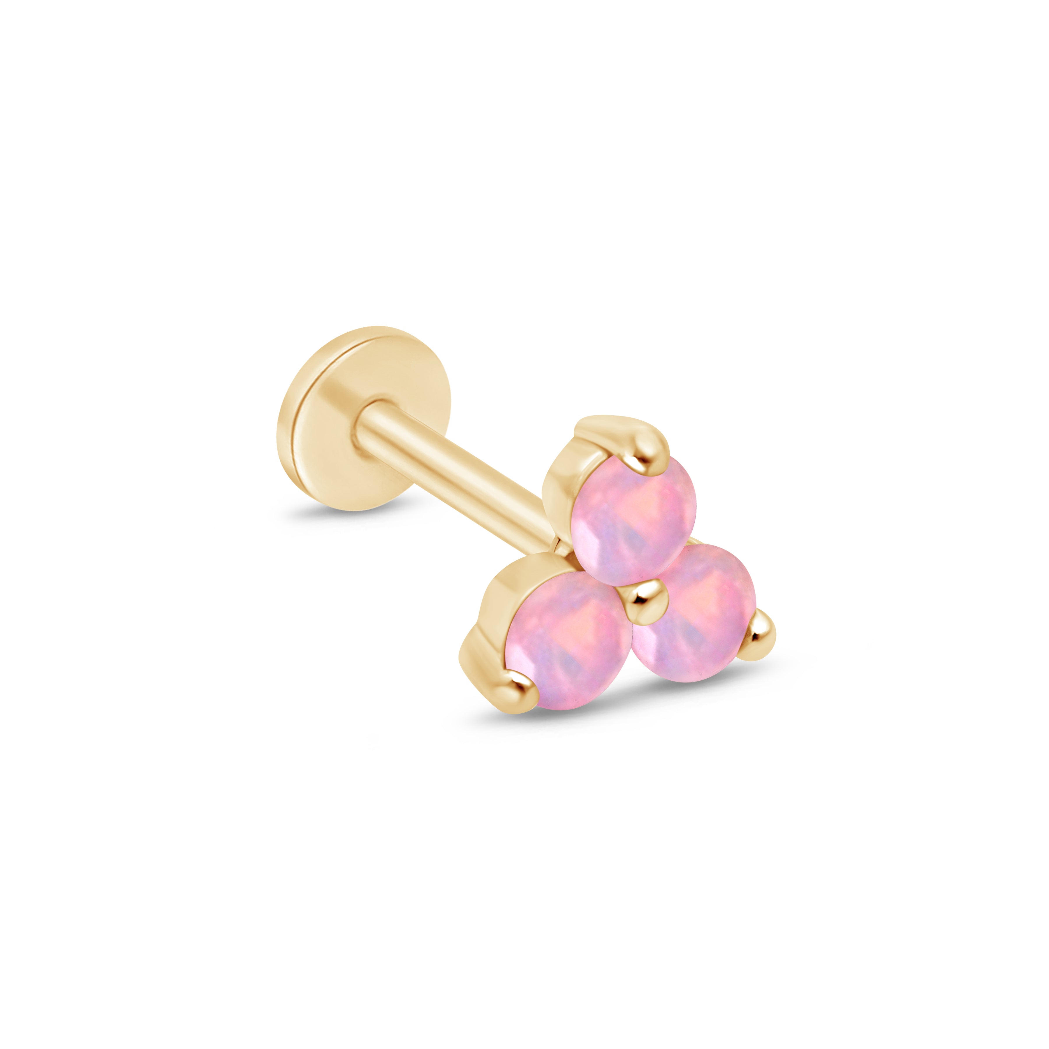 14K Yellow Gold Pink Opal Trinity Cluster Stud Earrings - Flat Back for Sensitive Ears, Perfect for Daily Wear & Special Occasions
