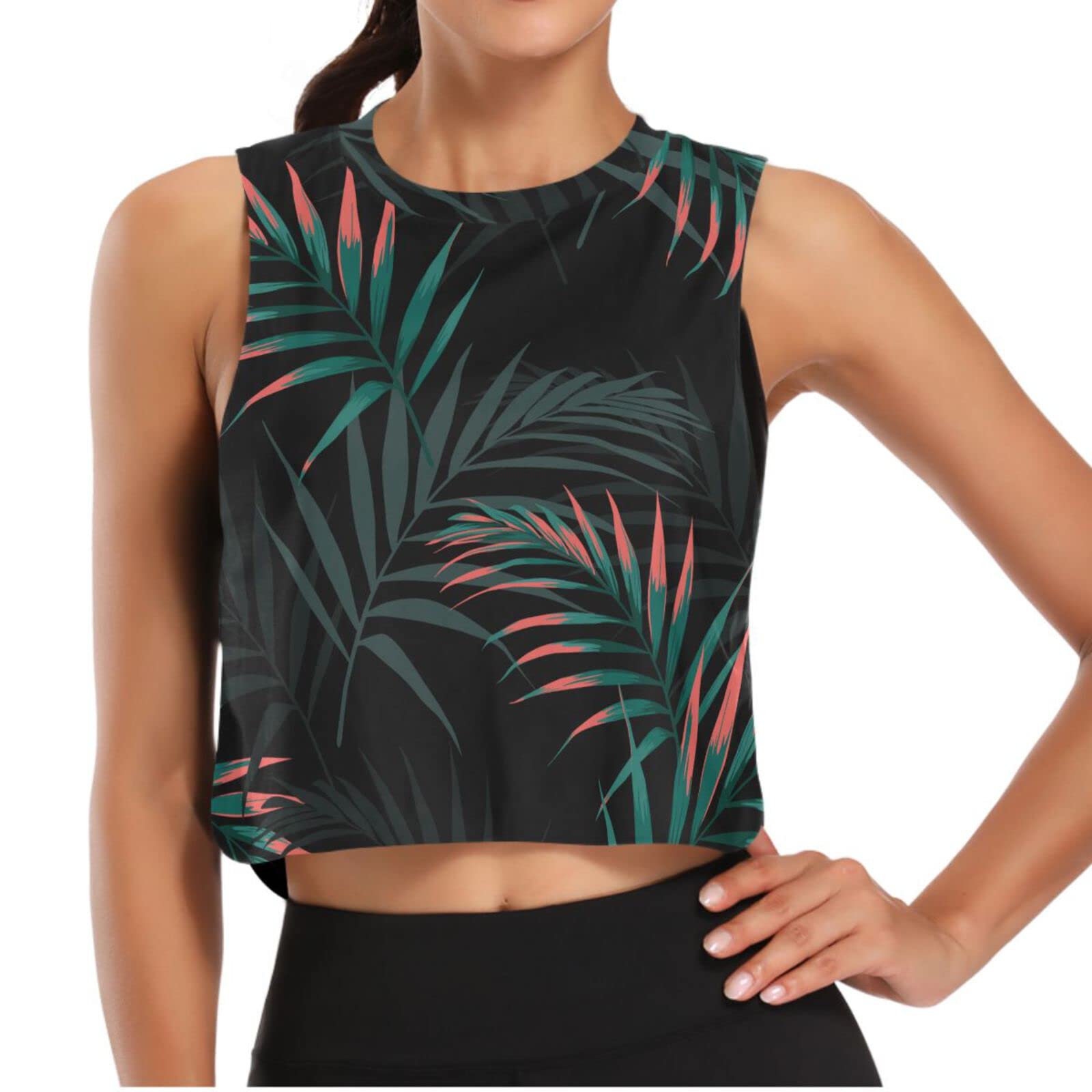 Women's Tropical Palm Leaf Print Workout Crop Top - Loose Sleeveless Yoga Tank Top for Gym, Running & Beach Wear - Black