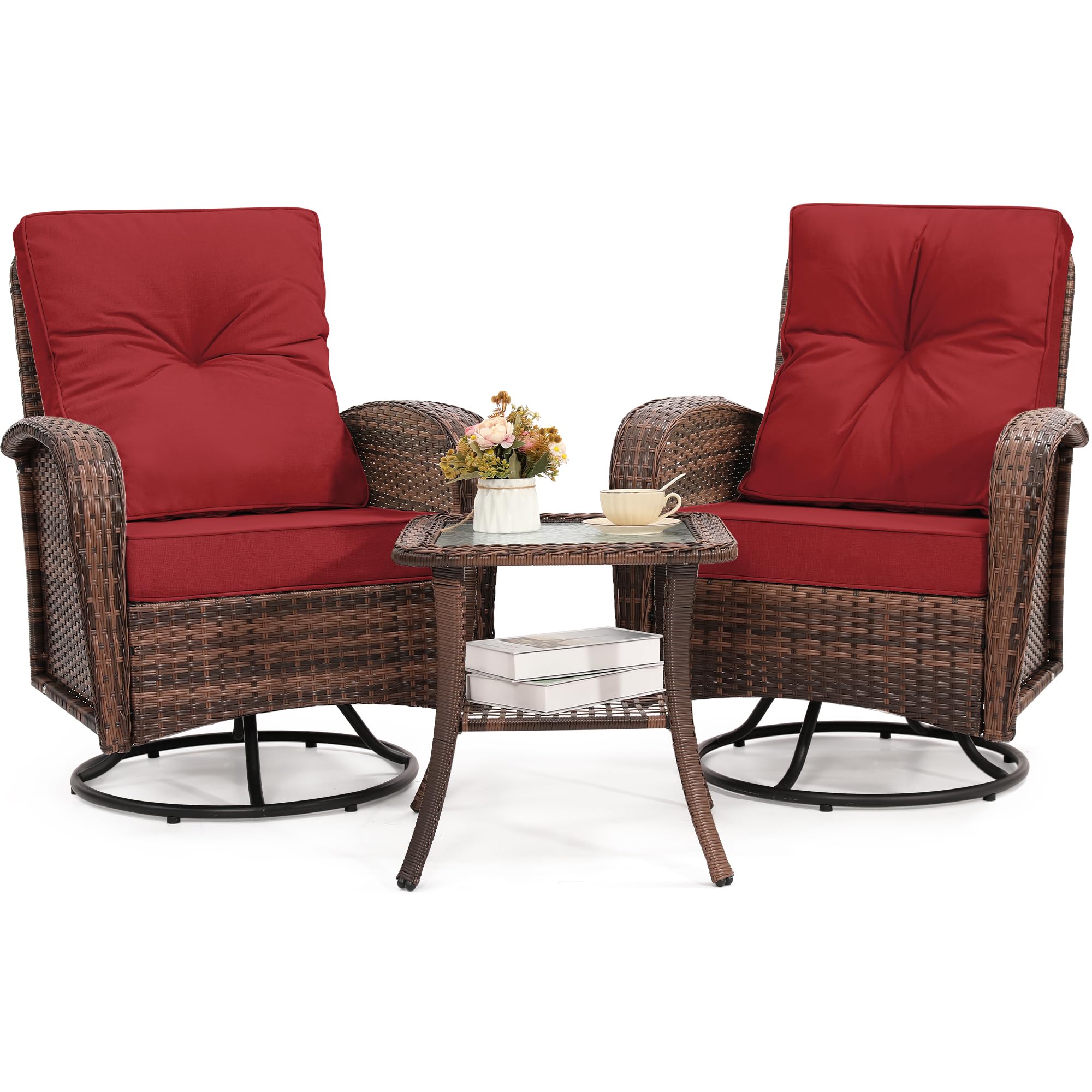 Kromax 3-Piece Patio Furniture Set - Outdoor Swivel Glider Rocker, Wicker Bistro Set with Rattan Rocking Chair & Glass Top Table - Thick Cushions for Porch, Deck, Garden or Backyard (Brown Rattan & Red Cushion) - Perfect for Relaxing, Entertaining & Outdoor Dining