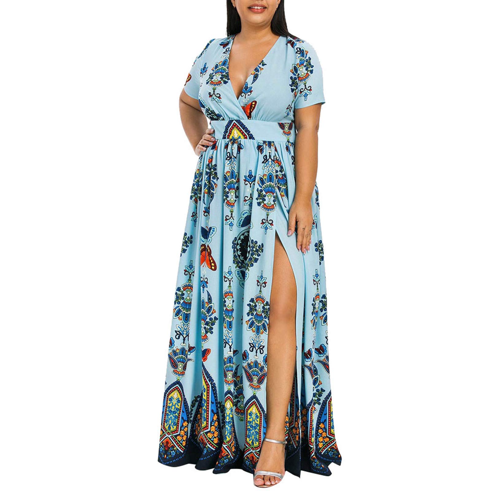 **Plus Size Summer Floral Maxi Dress for Women - Deep V Neck, Short Sleeve, High Slit - Perfect for Beach, Vacation & Casual Outings**