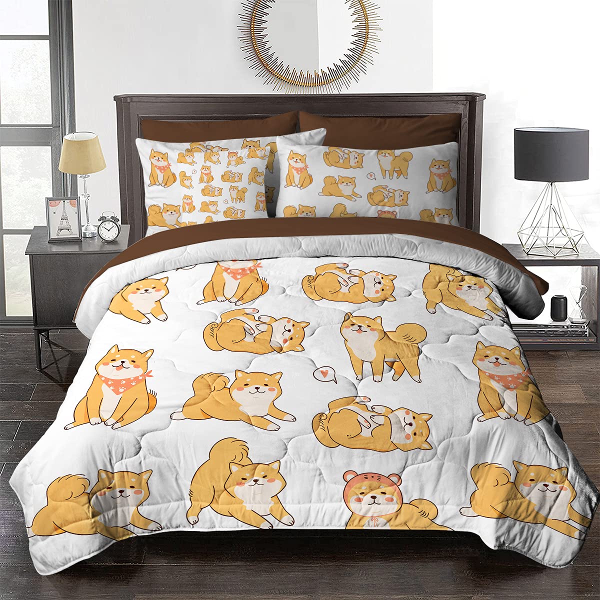 **BlessLiving Shiba Inu Dog Comforter Set King 8-Piece Bedding Set - Cartoon Puppy Kids Bedroom Decor (1 Comforter, 2 Pillow Shams, 1 Flat Sheet, 1 Fitted Sheet, 1 Cushion Cover, 2 Pillowcases) - Perfect for Kids' Rooms, Dormitories & Themed Bedrooms**