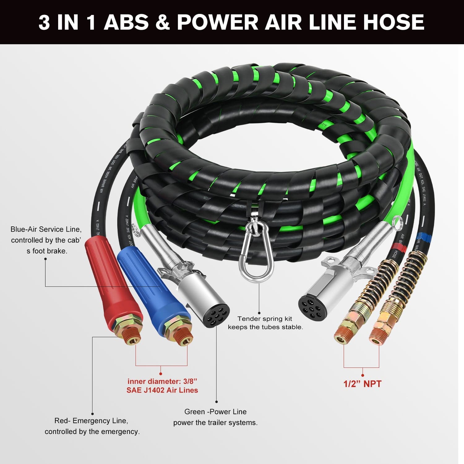 15FT 3-in-1 ABS Electrical Cord Cable & Rubber Air Power Line Hose Kit - Heavy Duty Extension for Power Tools, Air Compressors, and Workshop Equipment