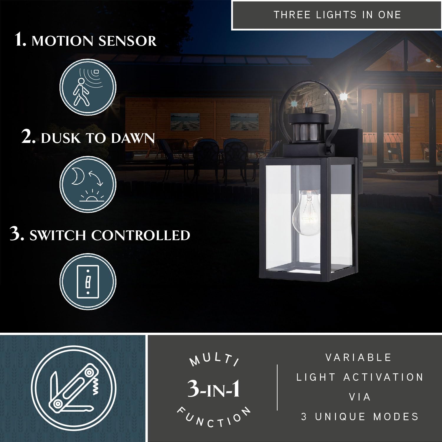 VAXCEL Medinah 1-Light Black Outdoor Wall Lantern with Motion Sensor & Dusk to Dawn - Clear Glass - Weatherproof Exterior Light for Porch, Garage, and Entryway Security