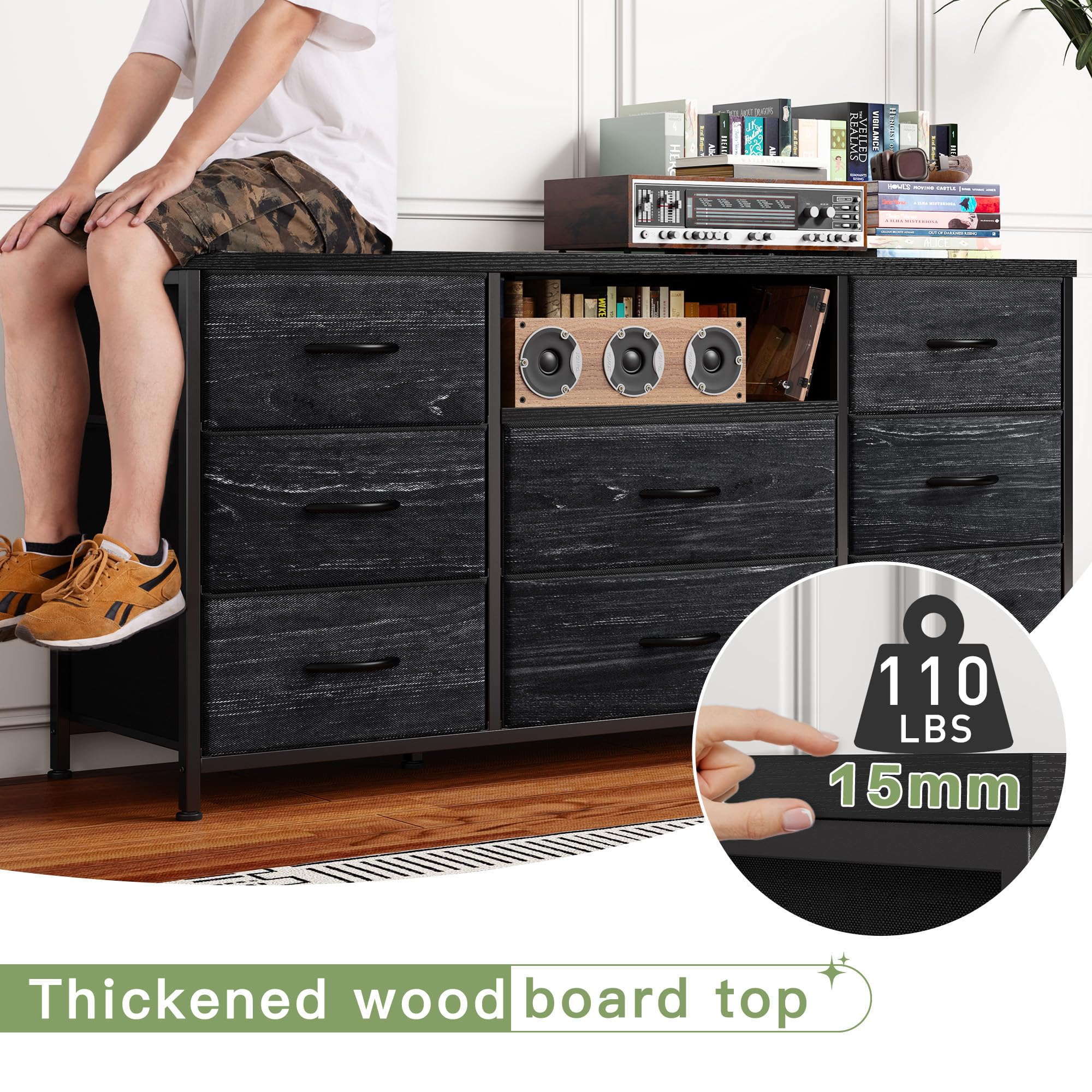 EnHomee 8-Drawer Black Dresser with Built-in Power Outlets - Sturdy TV Stand for 55