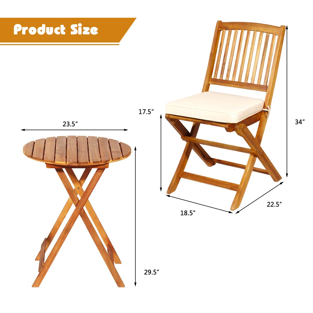 Giantex 3-Piece Patio Bistro Set - Wooden Folding Table with 2 Cushioned Chairs, Outdoor Garden Furniture for Yard, Deck, or Balcony - Natural & Beige Round Table Set for Relaxing, Dining, or Entertaining Guests