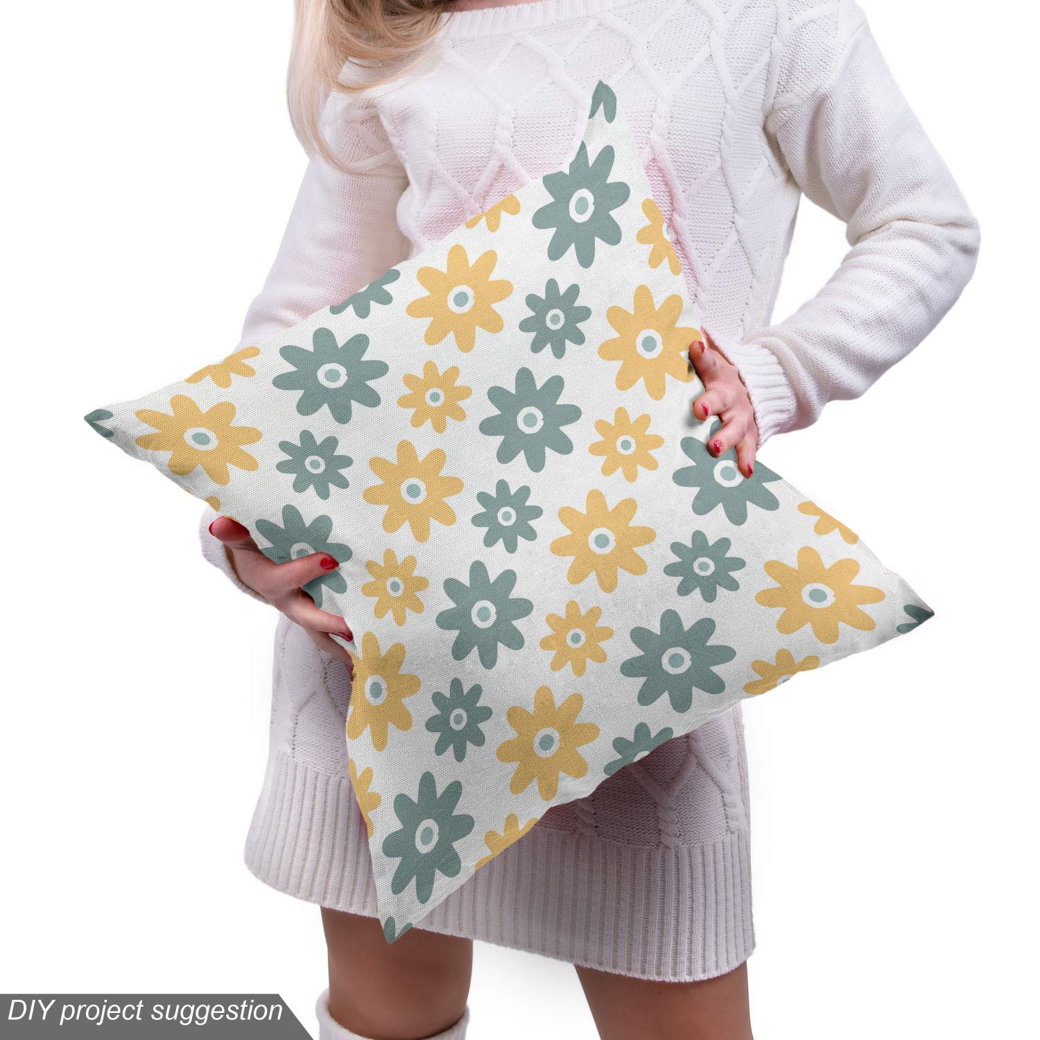 Ambesonne Garden Fabric by The Yard - Lively Wildflowers Daisies Retro Spring Nature Print | Decorative Upholstery & Home Decor Fabric | 10 Yards Almond Green Mustard | Perfect for DIY Curtains, Pillows & Table Runners