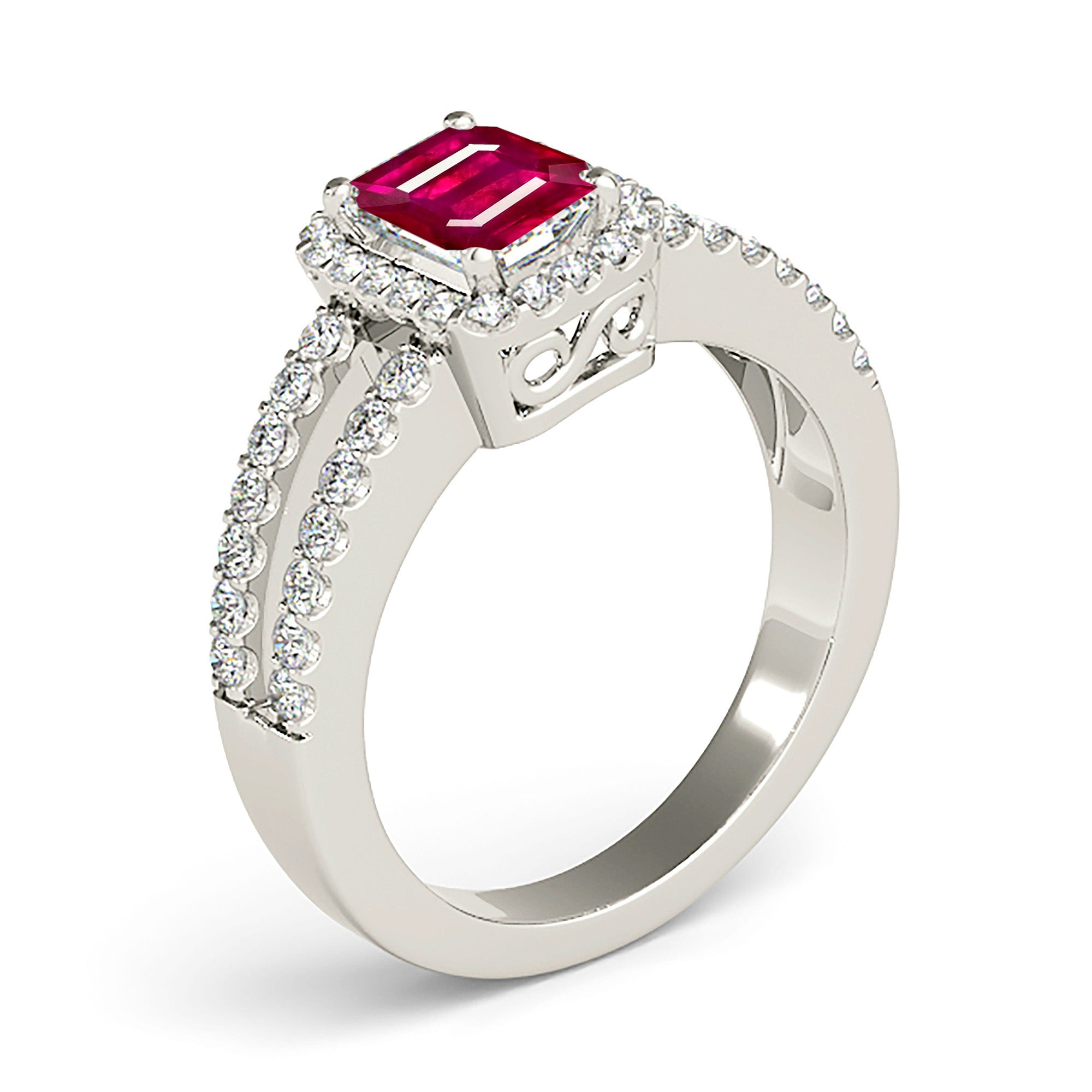 1.20 Carat Genuine Emerald Cut Ruby Ring with Halo & Split Diamond Shank – Elegant Engagement, Anniversary Gift for Women