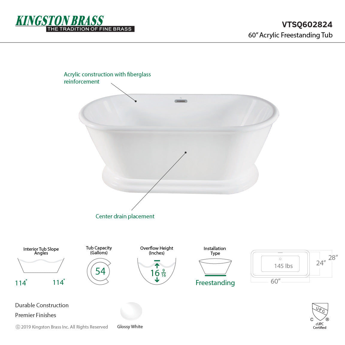 Aqua Eden 60 Inch Acrylic Oval Rectangular Double Ended Pedestal Bathtub - Glossy White Freestanding Soaking Tub with Drain (No Faucet Holes) for Luxury Bathroom & Spa Relaxation