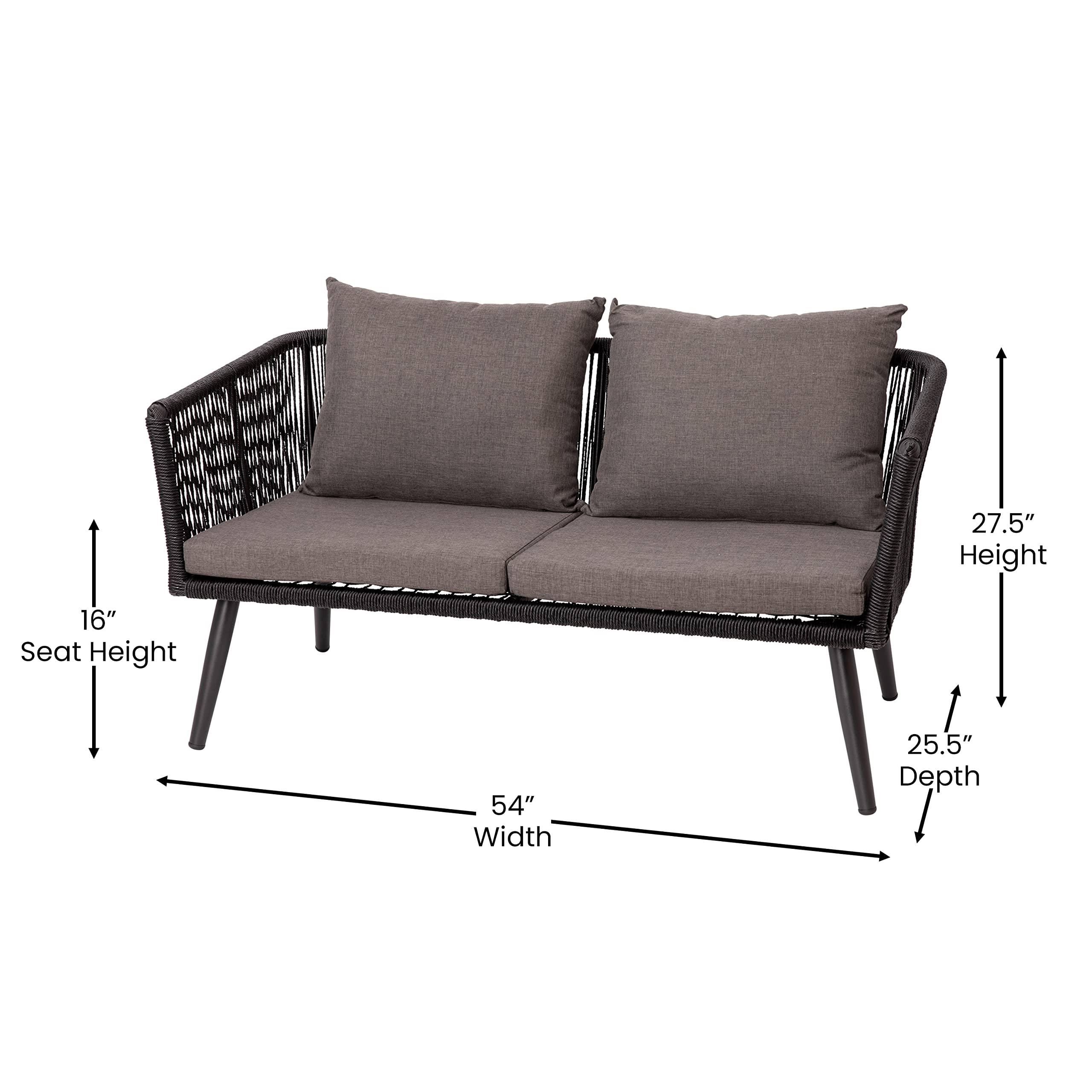 Merrick Lane Magnolia 4-Piece Outdoor Furniture Set - Black Woven Aluminum Loveseat, 2 Chairs & Coffee Table with Gray Cushions - Perfect for Patio, Garden & Backyard Relaxation