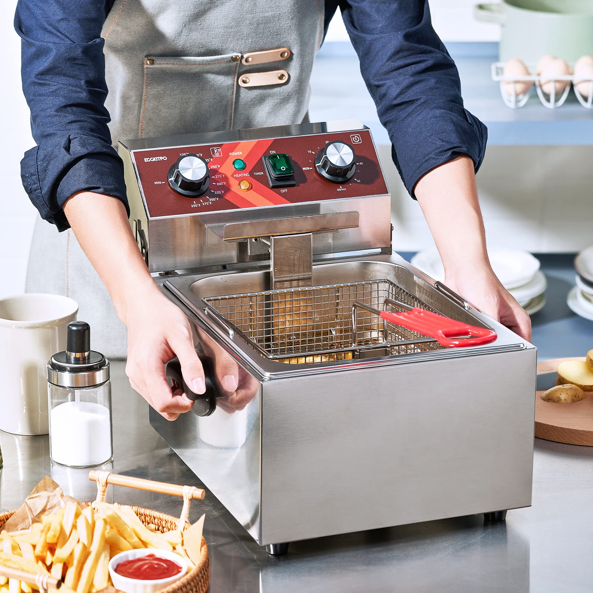 10L (10.5QT) Electric Deep Fryer with Basket - 1800W Single Tank Countertop Fryer with 60-Min Timer for Home Kitchen & Restaurant Use | Perfect for Frying Chicken, Fish, French Fries & More
