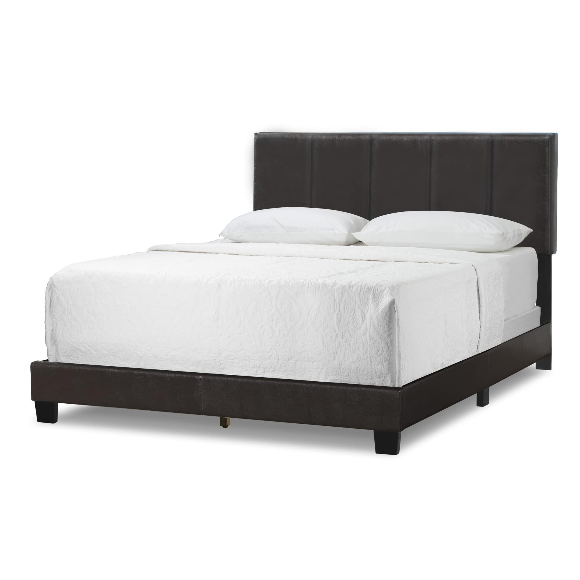 Stylish Arty Black Brown Faux Leather Queen Bed with Elegant Line Stitch Tufting - Perfect for Modern Bedrooms, Guest Rooms & Luxury Home Decor