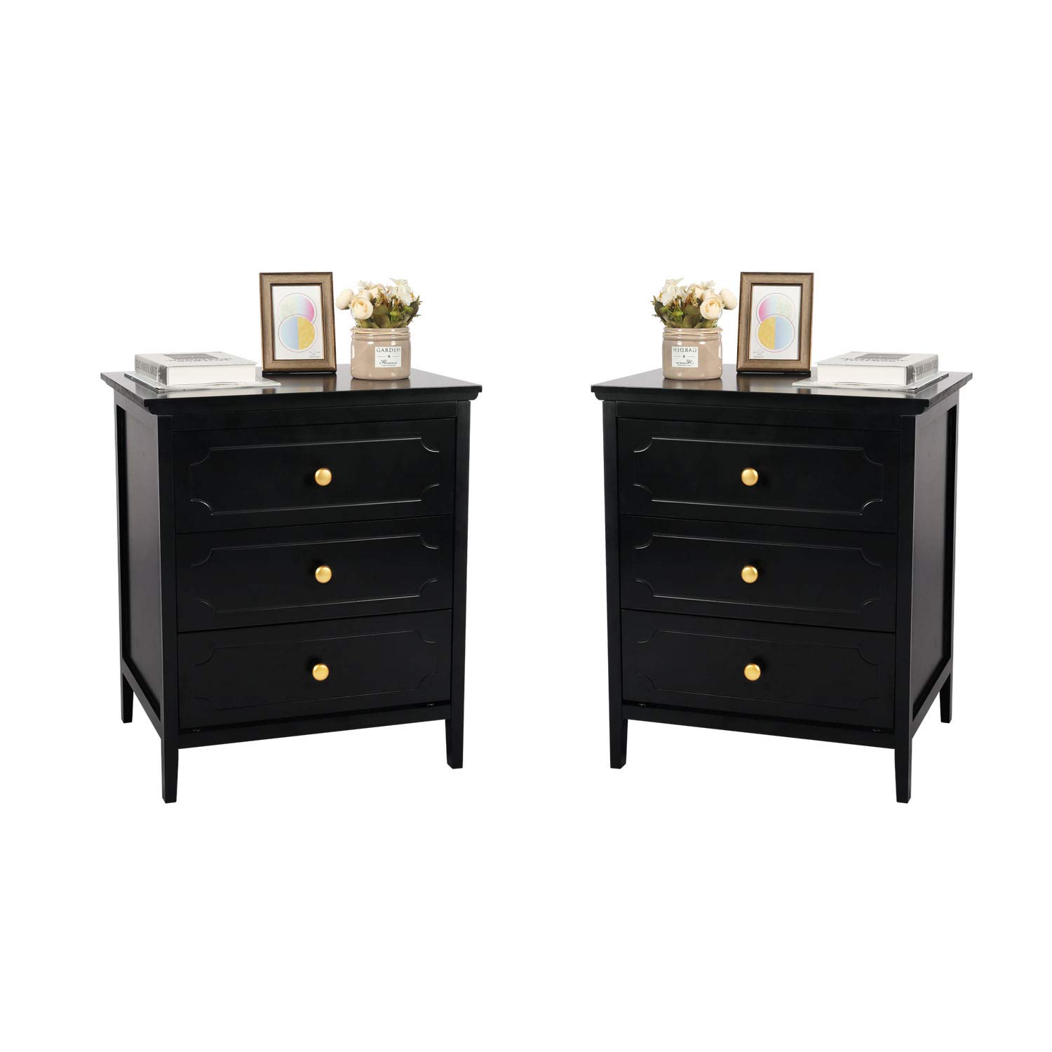 19 Inch Black Wood Nightstand with 3 Drawers - Bedside End Table for Bedroom & Living Room - Storage Cabinet with Black Finish (Set of 2) - Perfect for Small Spaces, Apartment Decor & Guest Room Furniture