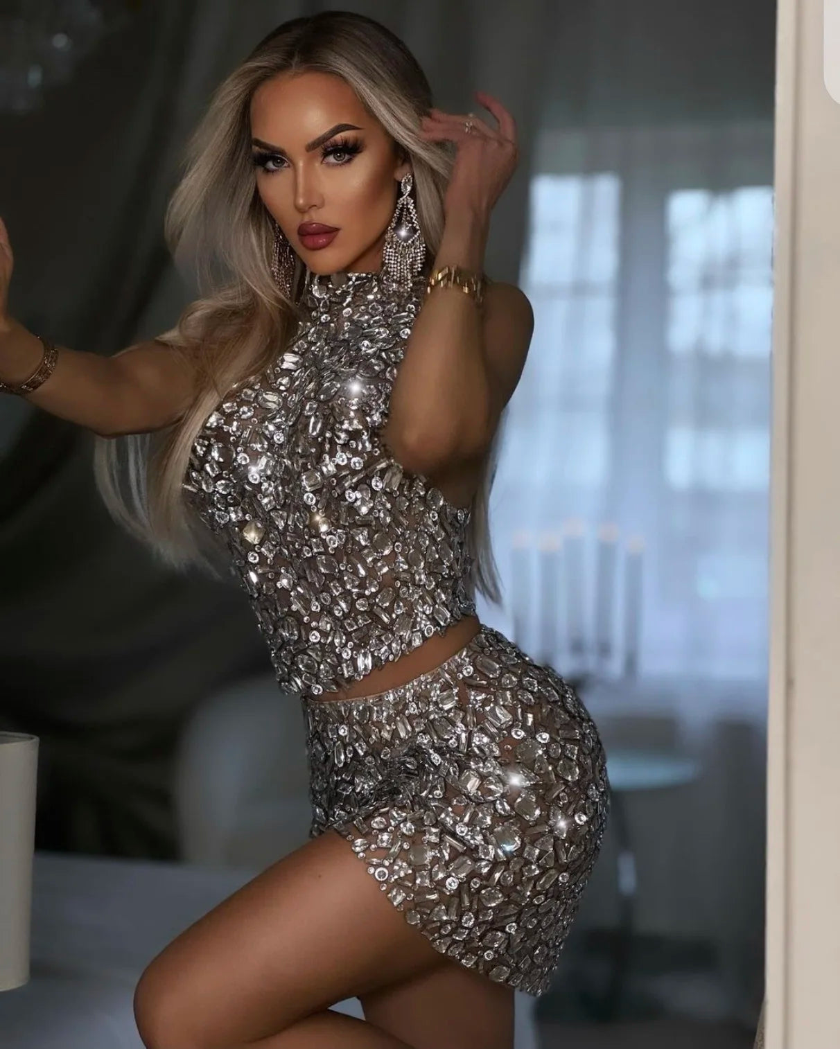 Sexy Crystal Mesh See-Through Mini Bodycon Dress 2 Piece Set for Women - Clubwear, Performance Costume, Birthday Party Outfit & Nightlife Fashion