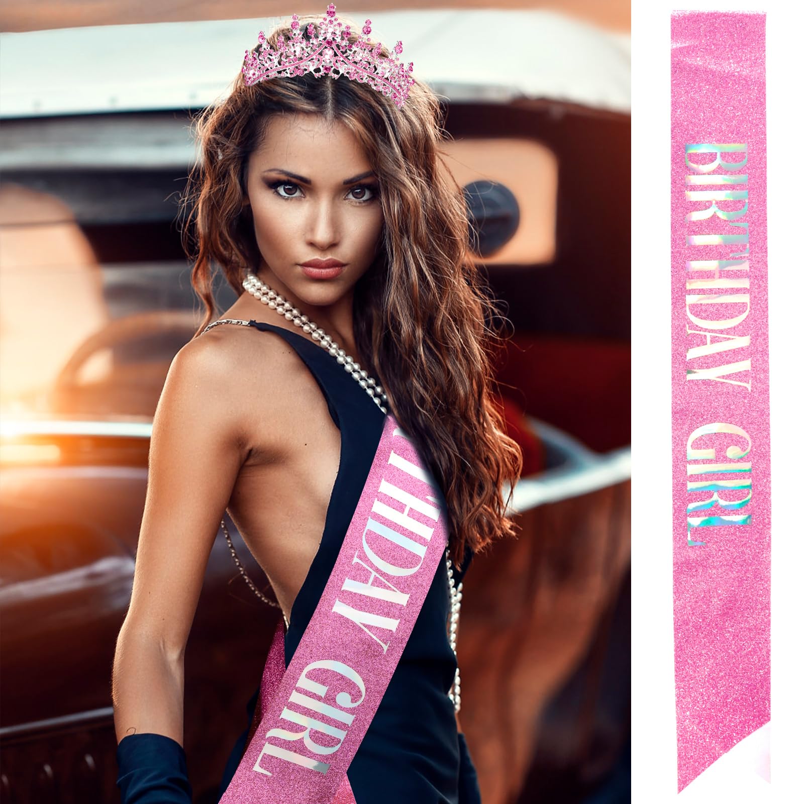 Pink Crystal Birthday Tiara Crown for Women & Girls - Elegant Princess Crown with Combs | Birthday Party Headband, Cake Topper & Hair Accessories | Perfect for Birthday Celebrations, Princess Themed Parties & Special Occasions