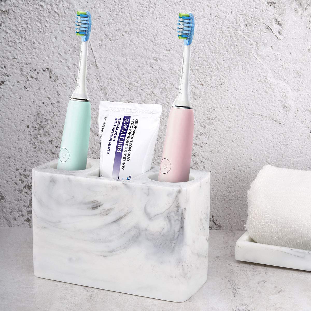 Luxspire Electric Toothbrush Holder with 3 Slots - Large Marble Toothbrush & Toothpaste Stand - Resin Bathroom Organizer for Vanity Counter & Sink - Ink White - Perfect for Modern Bathrooms & Spa-Style Decor