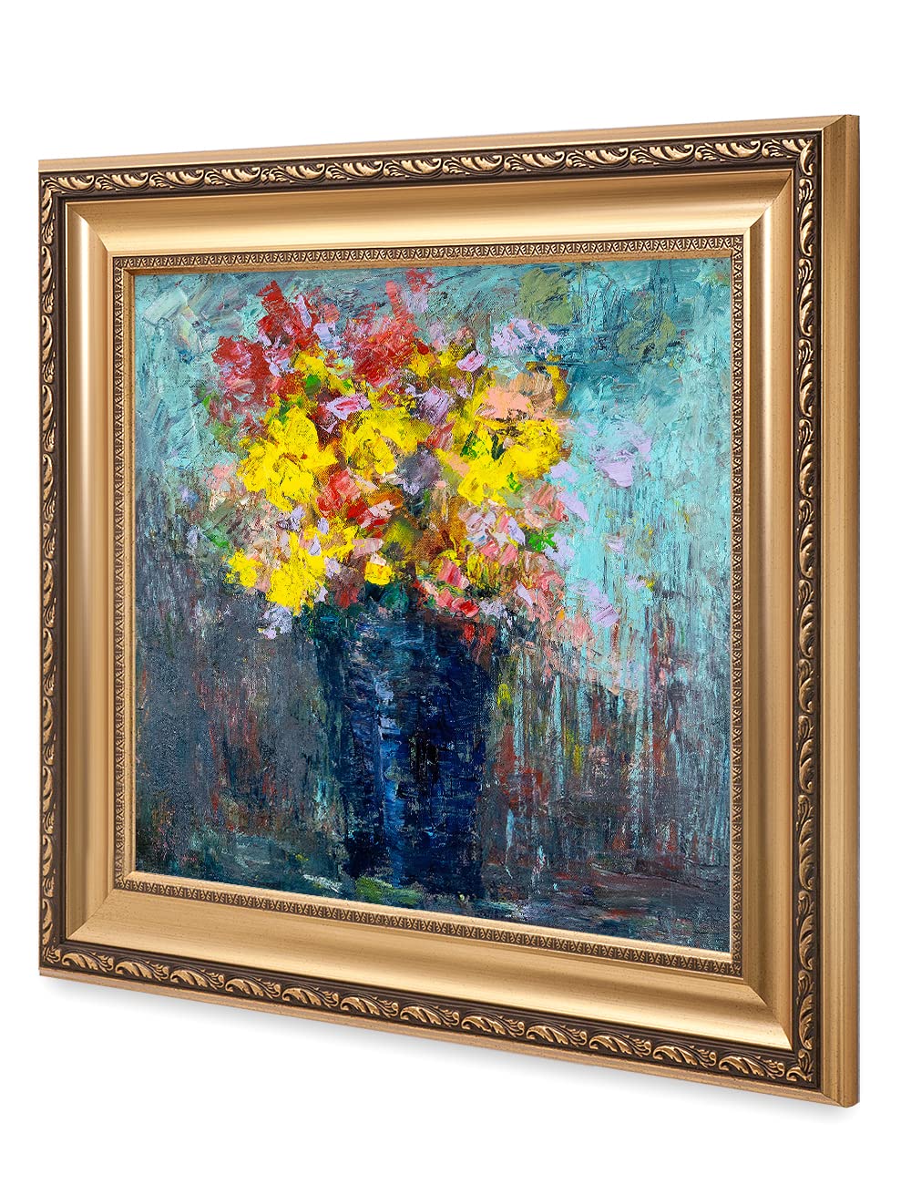 DECORARTS - After The Rain by David Ma - Floral Abstract Wall Art Print - Giclee on Canvas in Classic Golden Frame (26x26 Inches) - Ready to Hang - Perfect for Living Room, Bedroom & Office Decor