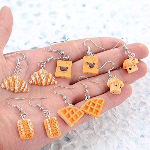 6 Pairs Handmade Croissant & Baguette Drop Earrings - French Bread Toast Dangle Earrings Set - Cute Unique Simulation Food Jewelry for Women - Perfect for Foodie Fashion, Costume Parties & Gift Giving