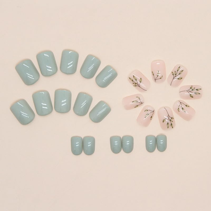 24 PCS Green Leaf Press on Nails - Short Square Glossy Fake Nails with Pink Acrylic & Leaf Designs - Reusable Full Cover False Nails for Women & Girls - Perfect for Manicure, Parties, Weddings & Daily Wear