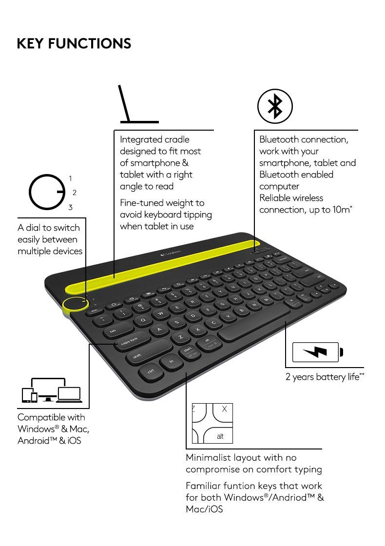 Logitech K480 Multi-Device Wireless Bluetooth Keyboard - Compatible with Windows, Mac, iPad, Android & Smartphones (Black) - Bulk Packaging - Perfect for Home Office, Remote Work & Multi-Tasking