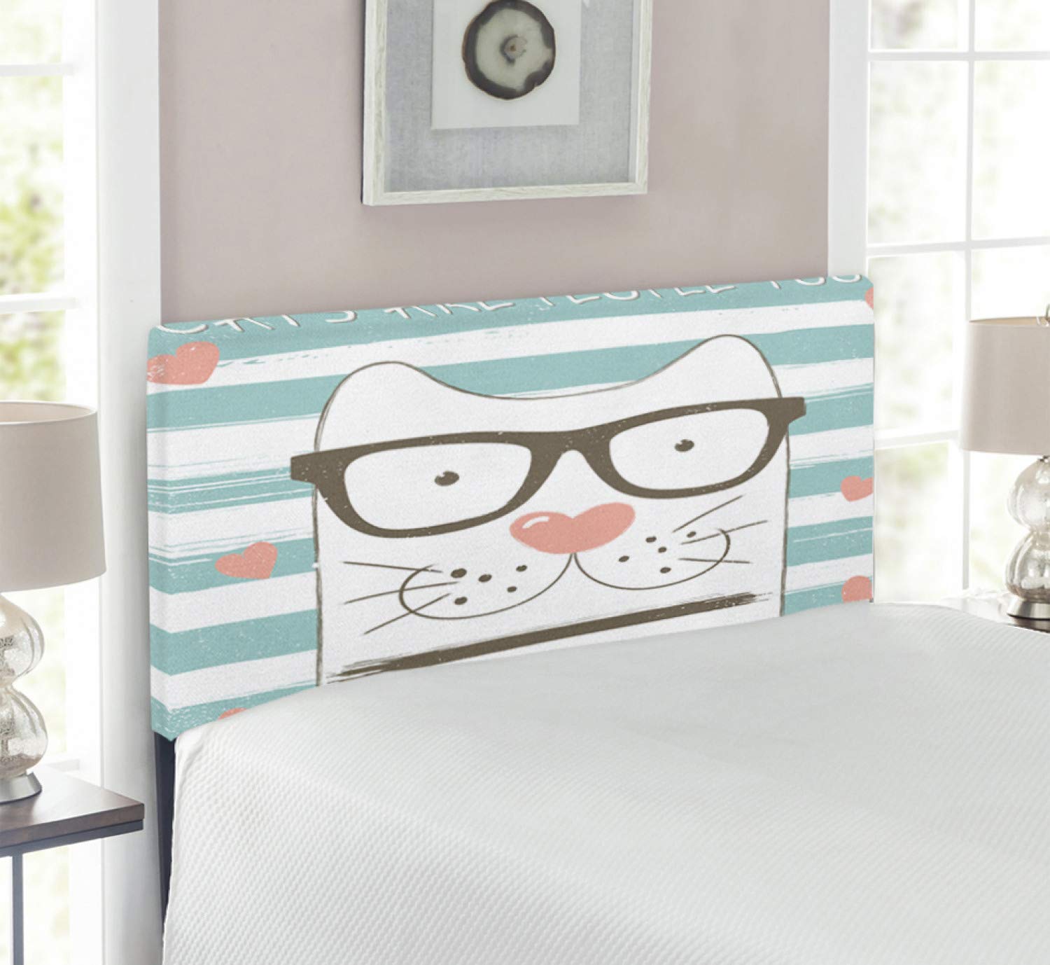 Ambesonne Upholstered Metal Headboard with Memory Foam - Twin Size, White Blue & Pink, Cartoon Cat with Glasses & Hearts Design - Perfect for Kids' Bedrooms, Dorm Rooms & Hipster Home Decor