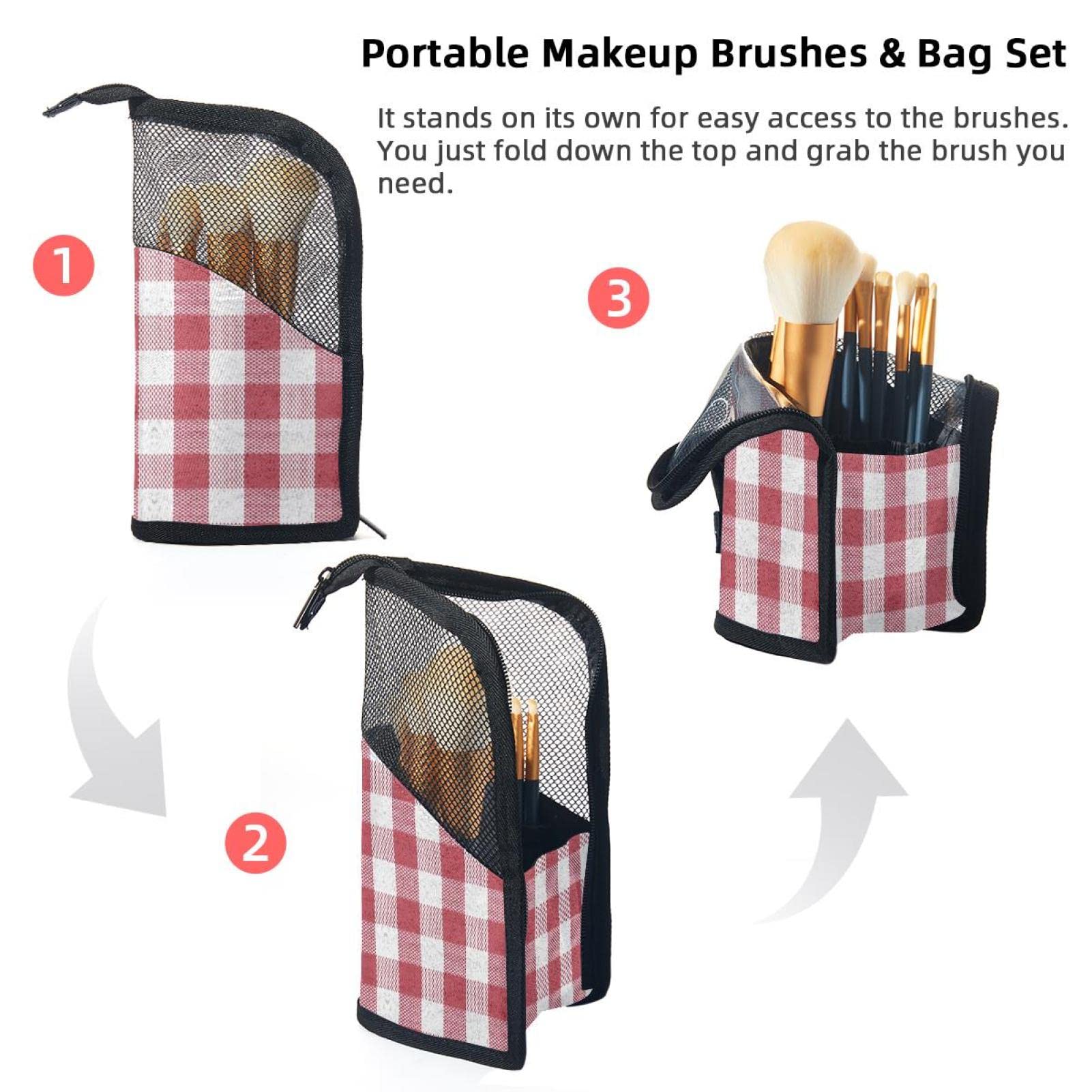 12-Piece Makeup Brush Organizer Bag Set - Classic White & Red Plaid Design, Portable Cosmetic Brush Holder Case for Travel & Home Storage - Perfect for Makeup Artists & Beauty Enthusiasts