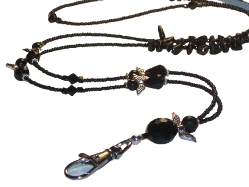 Guardian Angel Beaded Lanyard ID Badge Holder - Black with Crystal Clear Angels, Adjustable Length 32-38 Inches - Perfect for Nurses, Teachers, Office Workers & Event Staff