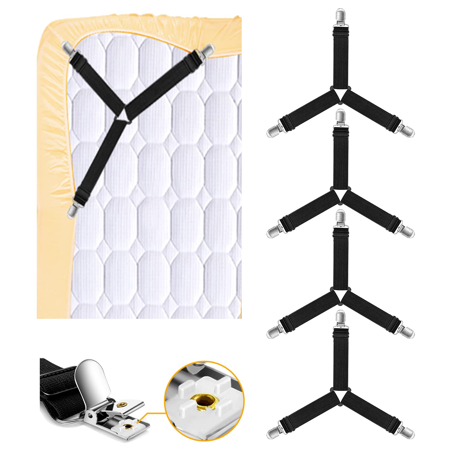 4PCS Premium Bed Sheet Straps - Extra Thickened & Sturdy Bed Sheet Holder Clips to Keep Fitted Sheets in Place - Perfect for Deep Pocket Mattress, Adjustable Beds & Guest Room Bedding - Ideal for Home, Hotel & Airbnb Use