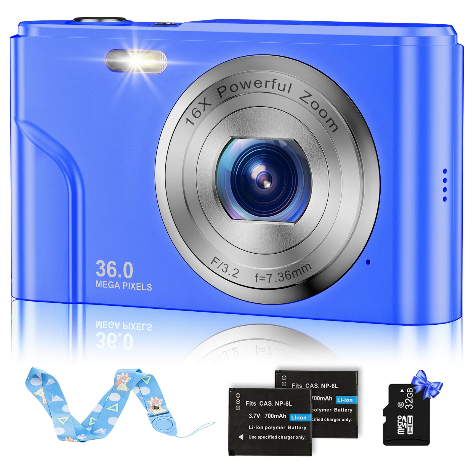 1080P 48MP Kids Digital Camera with 32GB SD Card - 2.4 Inch Screen, 16X Zoom, Compact Mini Camera for Boys, Girls, Teens & Adults (Blue) - Perfect for Birthday Gifts, Travel, School Projects & Family Moments
