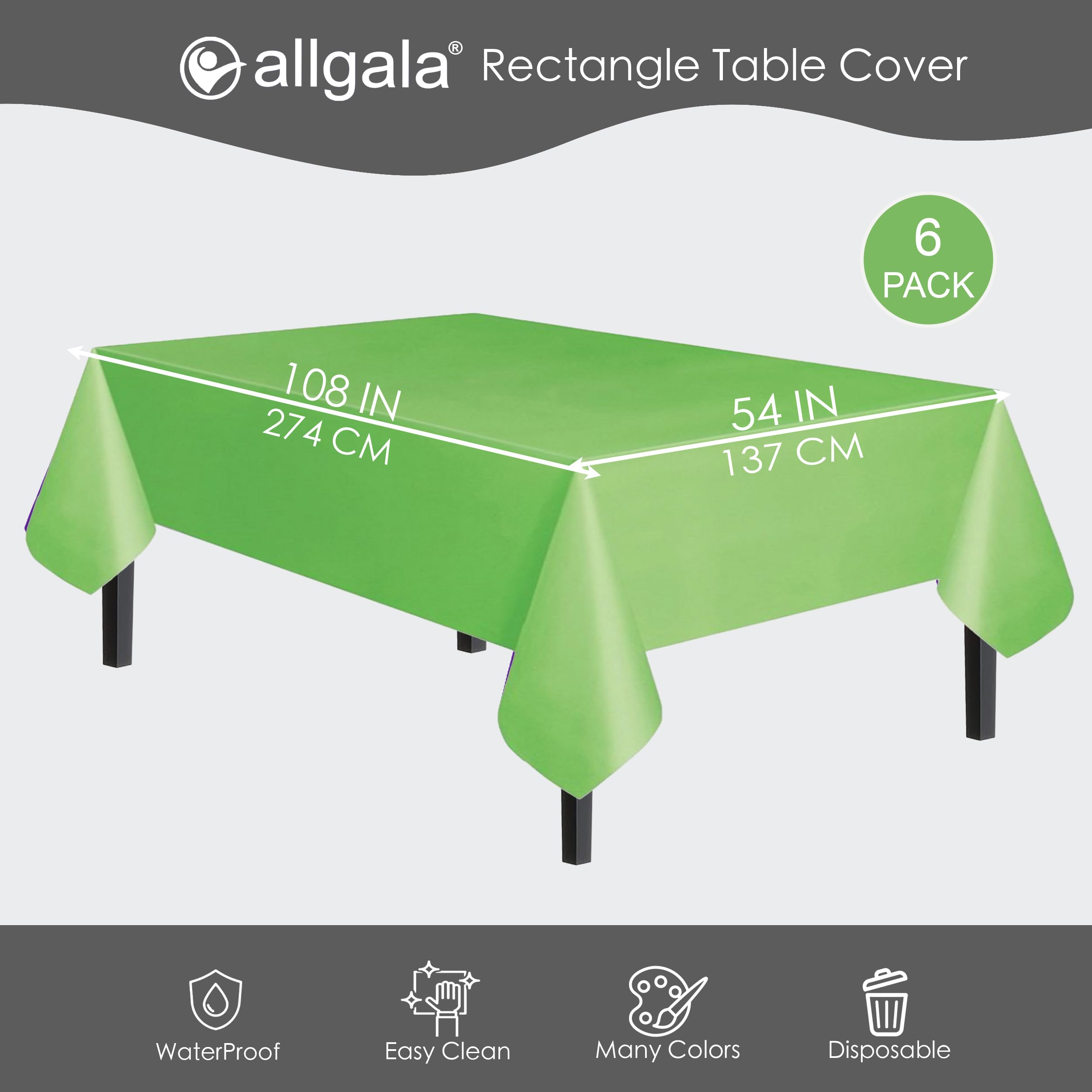 Allgala Waterproof Disposable Tablecloth - 6 Pack (54x108 Inches) Lime Green - Perfect for Parties, Birthdays, Weddings, Picnics & Home Decor | Durable & Easy Clean Table Cover for Indoor/Outdoor Events