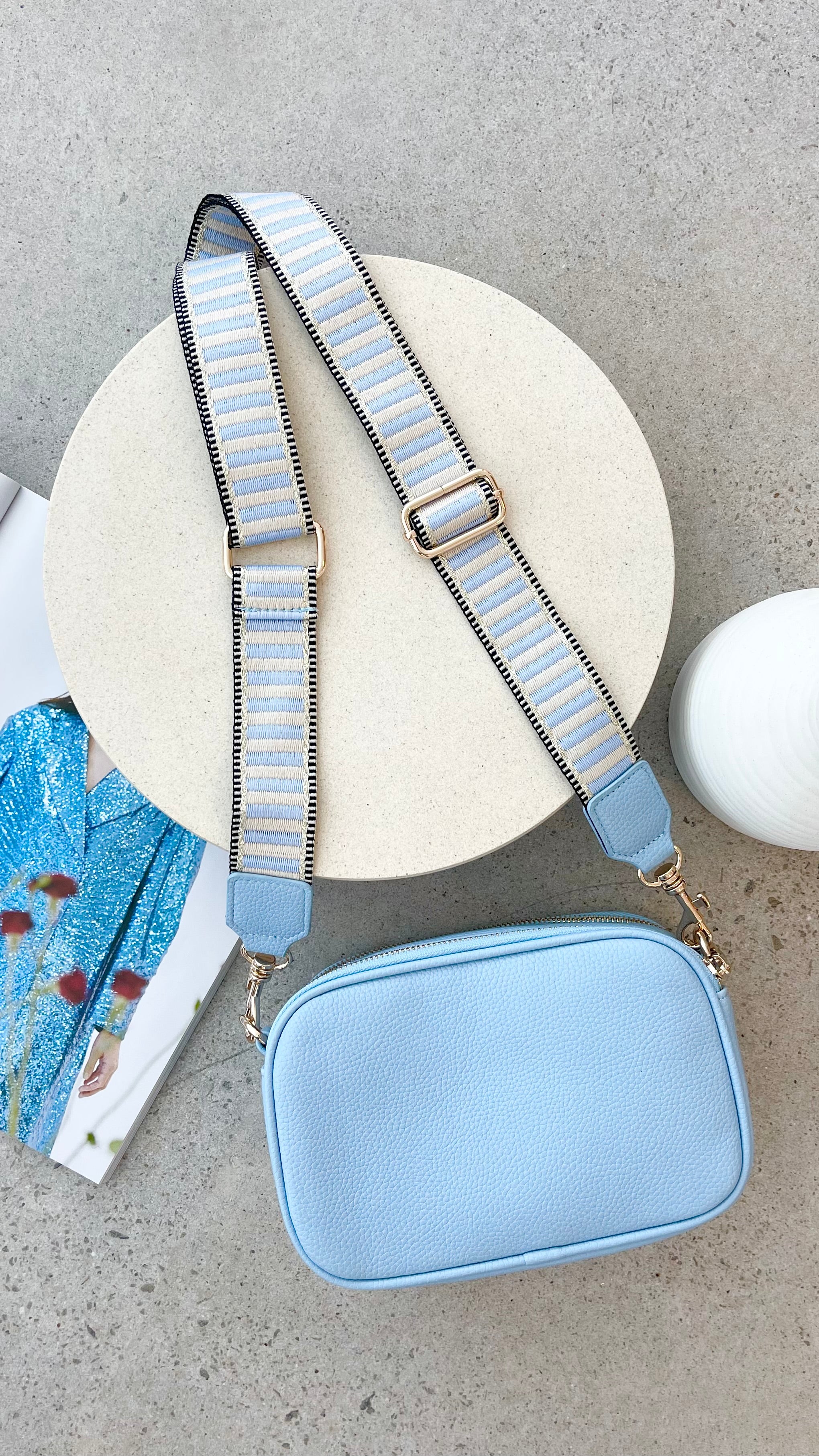 Bella Striped Webbing Camera Bag - Waterproof DSLR/SLR Shoulder Bag for Travel & Photography - Blue