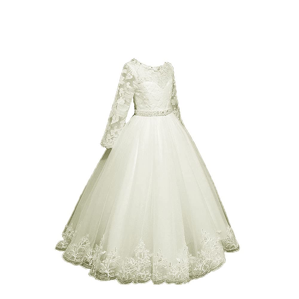 Elegant Long Lace Flower Girl Dress with Lace Back - First Communion & Wedding Pageant Gown - Perfect for Special Occasions, Church Ceremonies, and Formal Events