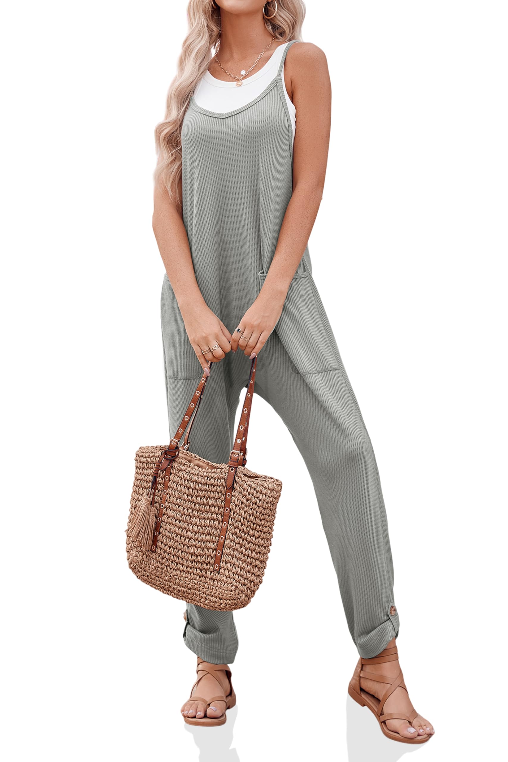 Cicy Bell Women's Casual Sleeveless Waffle Jumpsuit - Loose Fit Knit Romper with Spaghetti Straps & Pockets | Summer Outfits, Beach Cover-Up, Lounge Wear, Travel Essentials