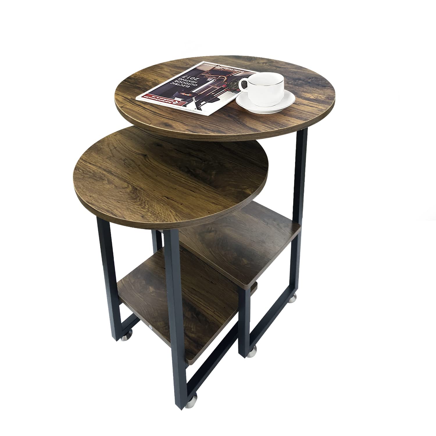 Round Nesting Coffee Table Set of 2 - Farmhouse Wood & Metal Side Tables for Living Room, Balcony - Rustic Brown End Tables for Small Spaces & Cozy Home Decor