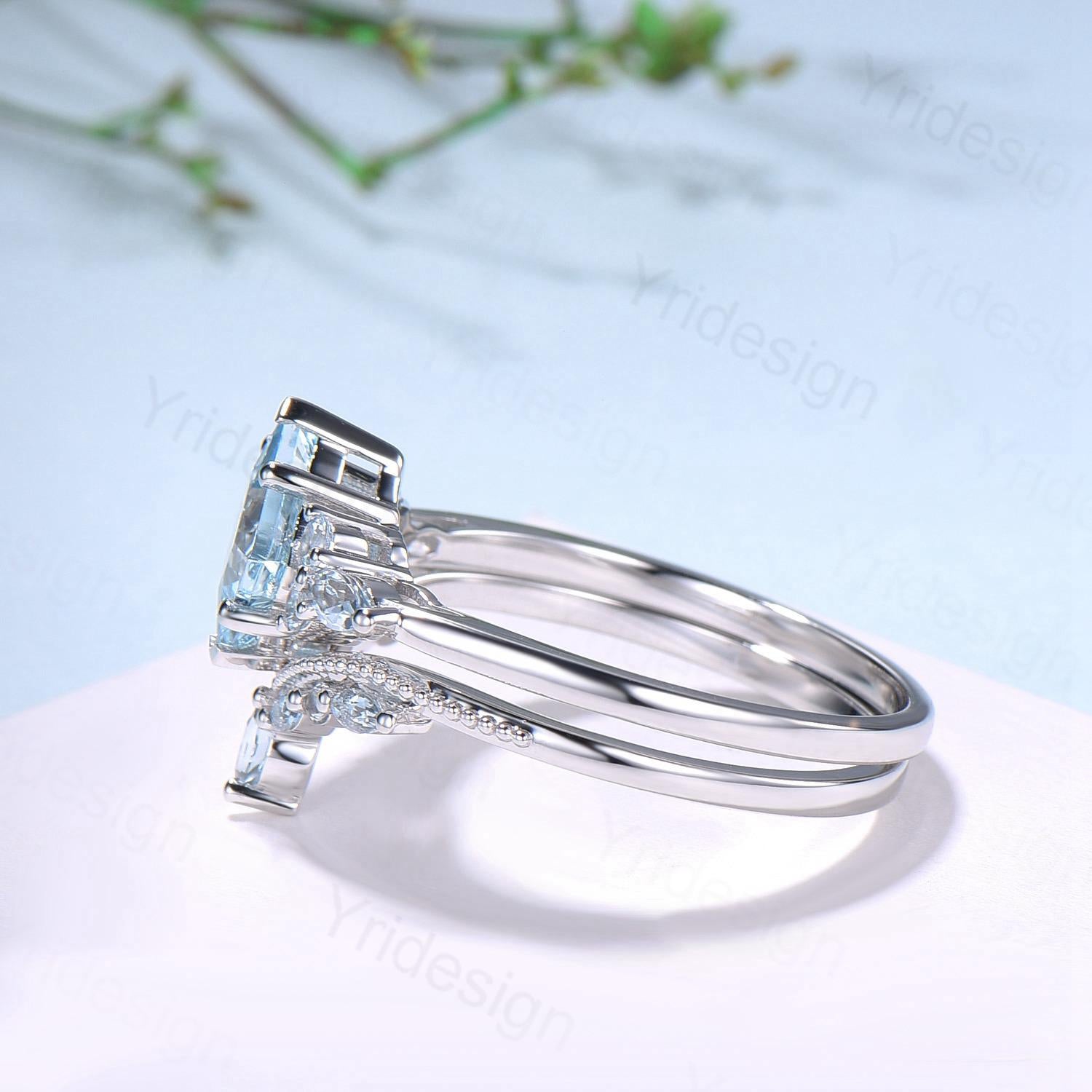 Art Deco Princess Cut Natural Aquamarine Engagement Ring Set in Silver & Rose Gold - 2CT March Birthstone Wedding Jewelry for Women | Perfect for Proposals, Anniversaries & Bridal Gifts