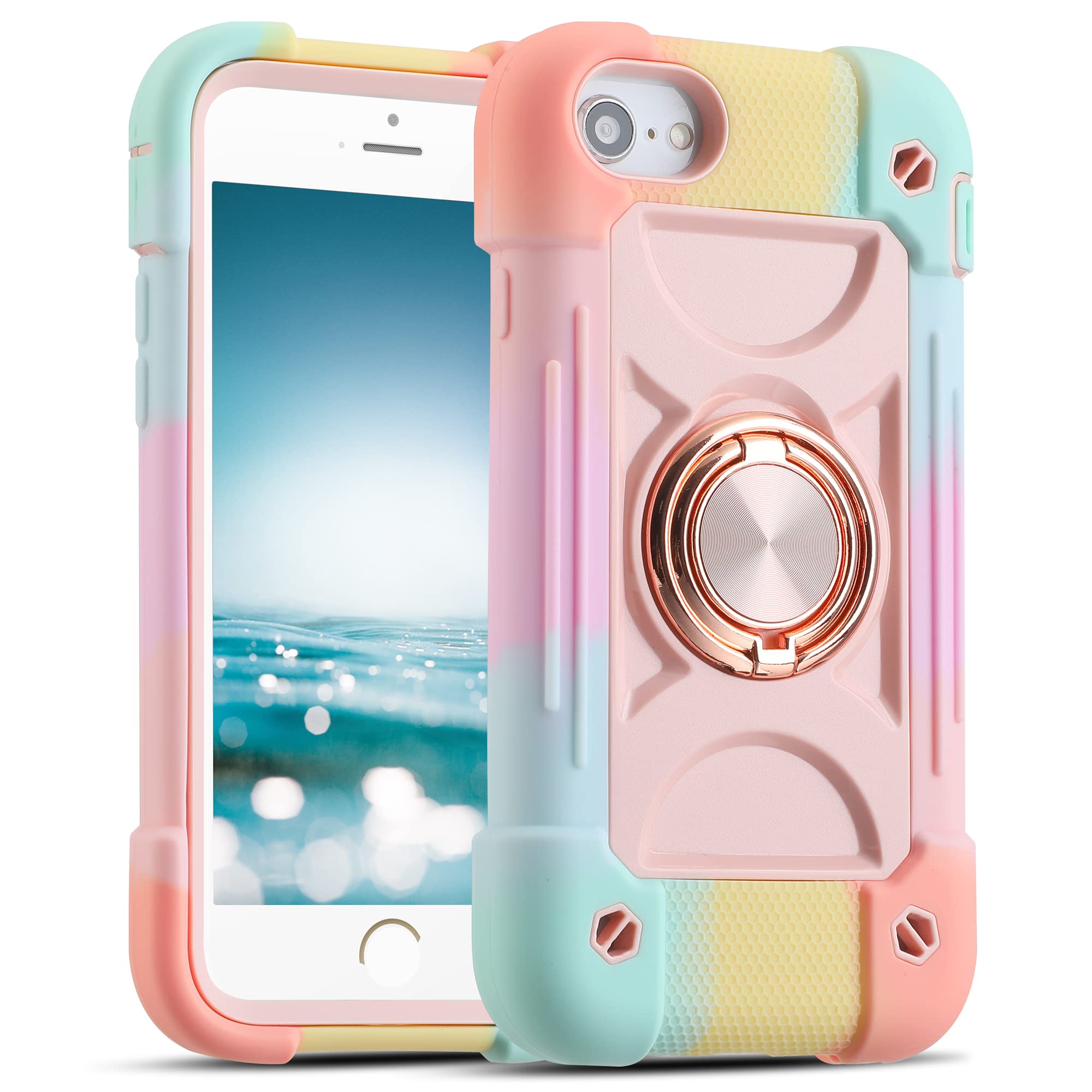 MARKILL Heavy-Duty Military Grade Shockproof Phone Case Compatible with iPhone SE 3/SE 2/6/6S/7/8 (4.7 Inch) - Built-in Ring Stand, Rainbow Pink Protective Cover for Kids & Girls - Perfect for Outdoor Activities, School & Daily Use