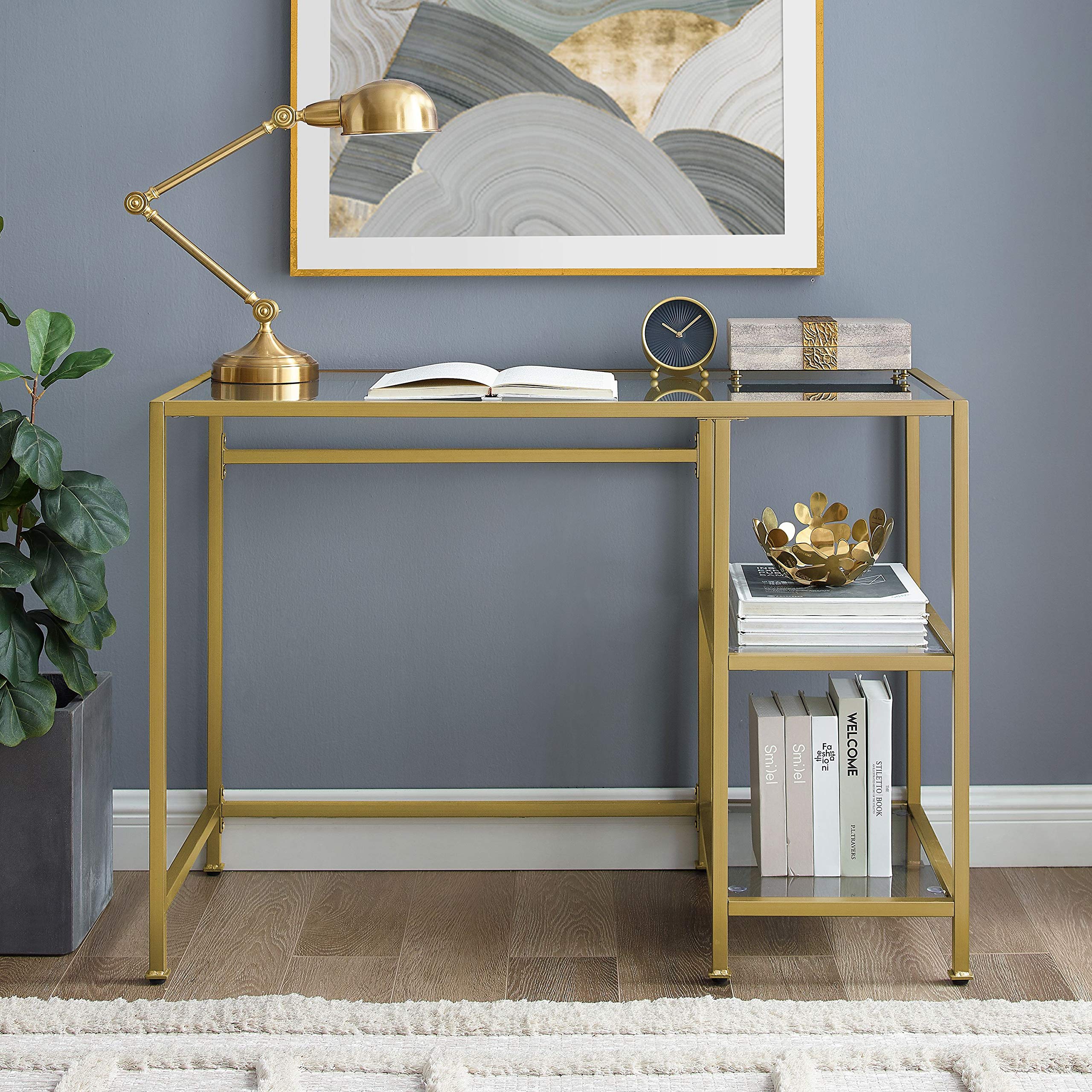 Crosley Furniture Aimee Small Home Office Vanity Desk with Storage Shelves - Compact Writing Desk for Small Spaces, Makeup Vanity with Gold Finish, Perfect for Bedroom, Apartment & Dorm Room