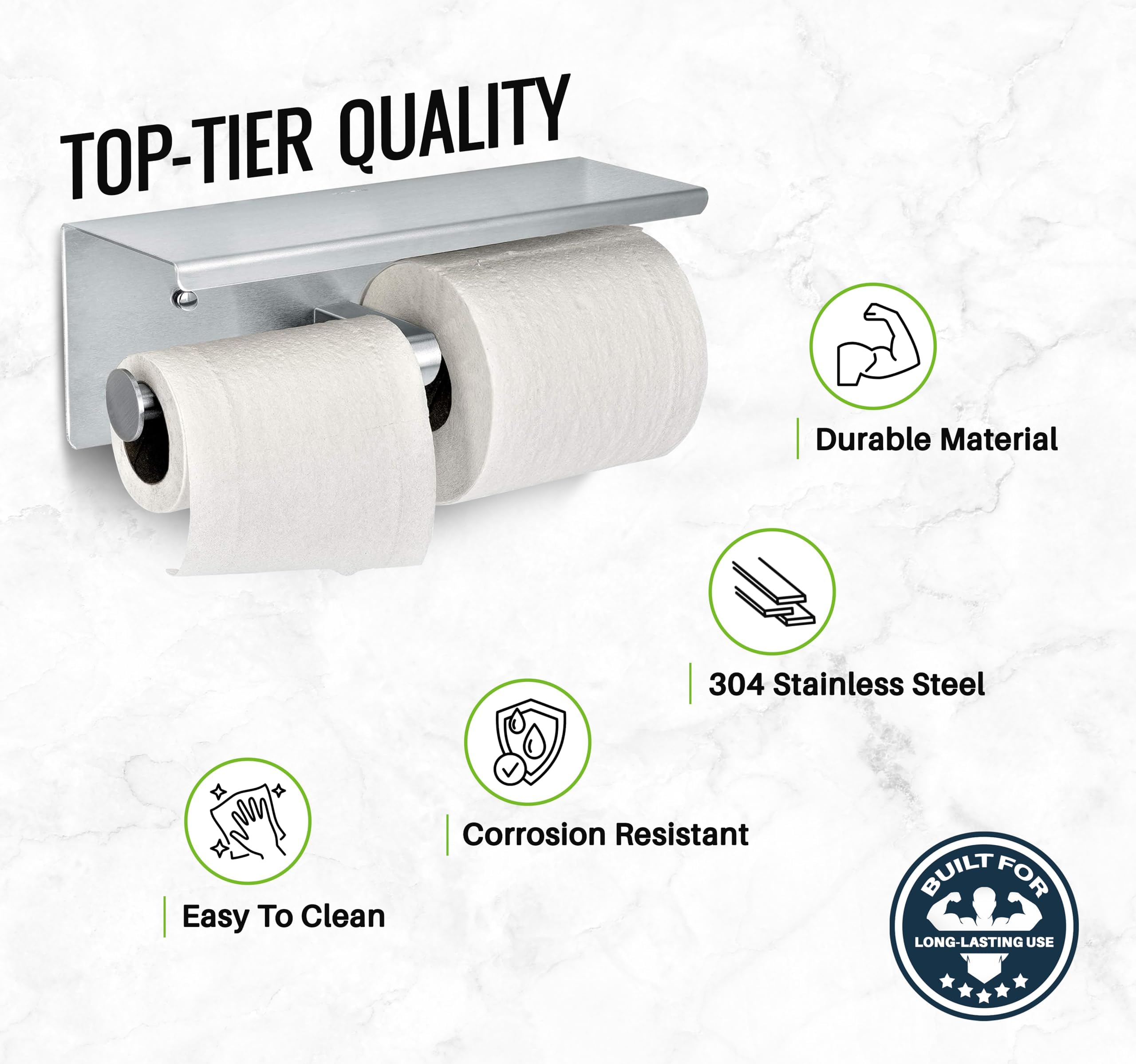 Double Toilet Paper Holder with Shelf - Rust-Resistant Brushed Stainless Steel Bathroom Tissue Dispenser | Wall Mounted Dual Roll TP Holder with Phone Shelf | Perfect for Modern Bathrooms, Restaurants & Commercial Spaces