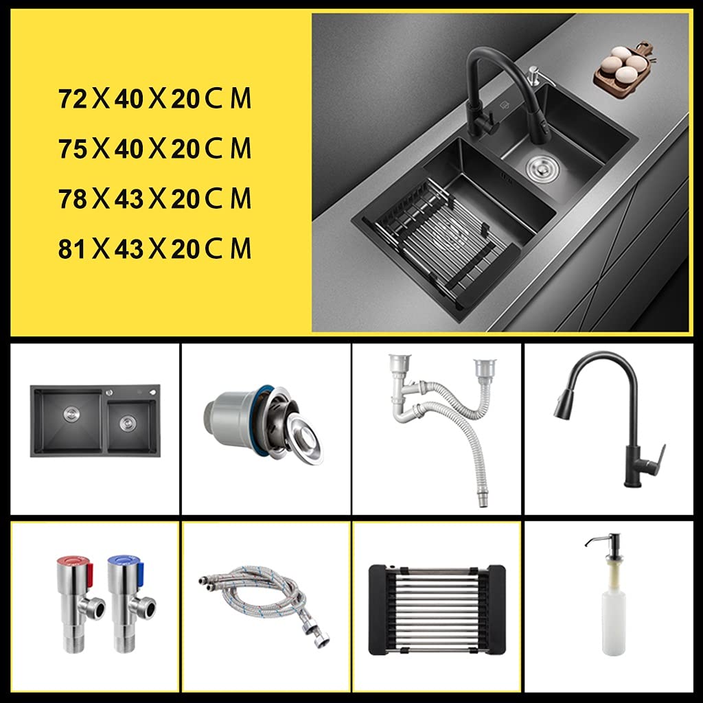 Black Stainless Steel Kitchen Sink with Faucet - Large Capacity Double Basin Nano Sink with Drain & Soap Dispenser - Perfect for Modern Homes & Restaurant Kitchens