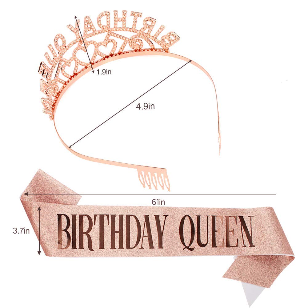 Semato Rose Gold Glitter Sash & Rhinestone Tiara Set - Princess Birthday Crown & Party Decor for Girls | Perfect for Birthday Celebrations, Princess-Themed Parties & Special Occasions
