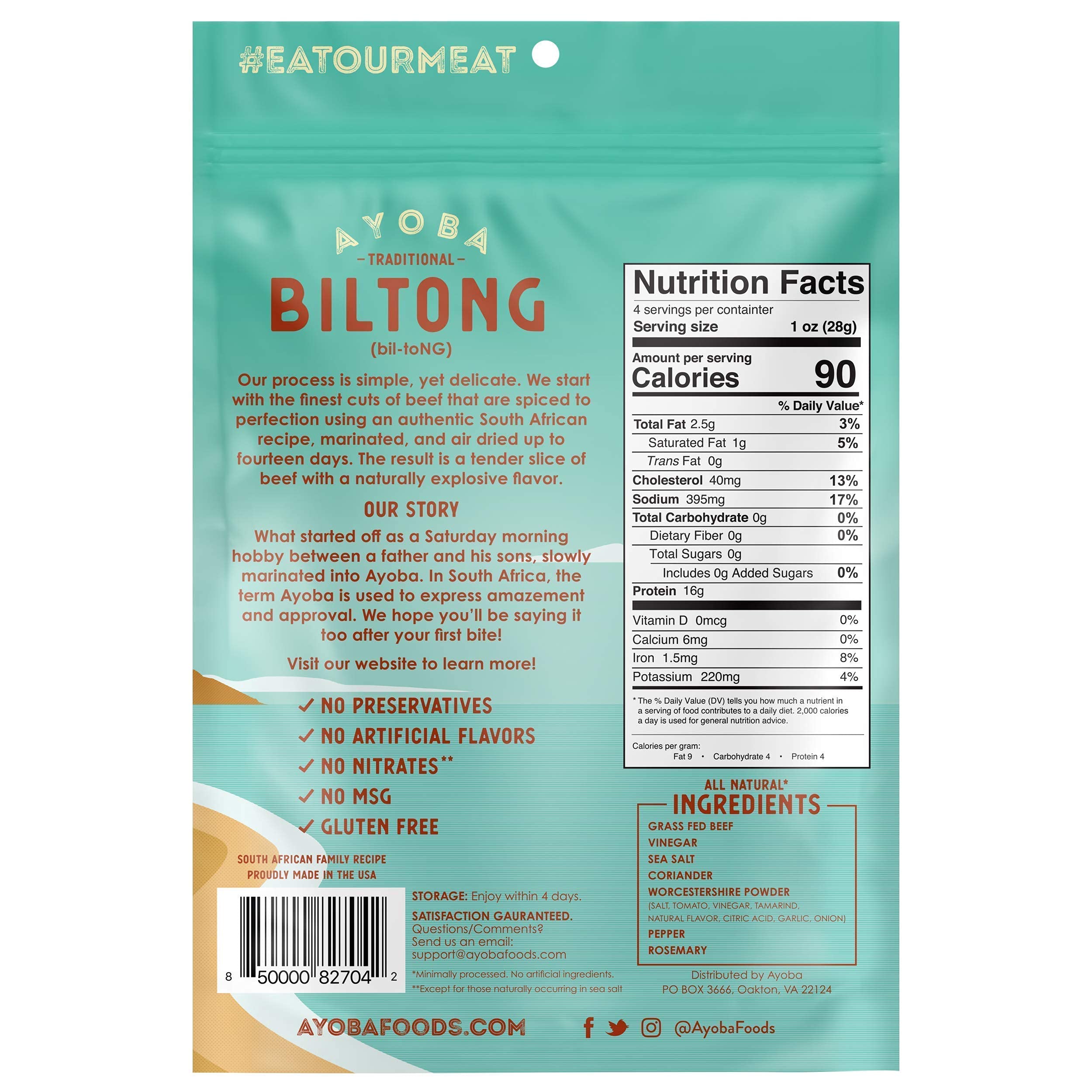 Premium Ayoba Traditional Grass-Fed Beef Biltong Slices (4oz, Pack of 1) | Keto, Paleo, Gluten-Free, Whole30 Approved, Sugar-Free, Low-Carb Meat Snack | Perfect for Hiking, Office Snacks & Protein-Rich Diet