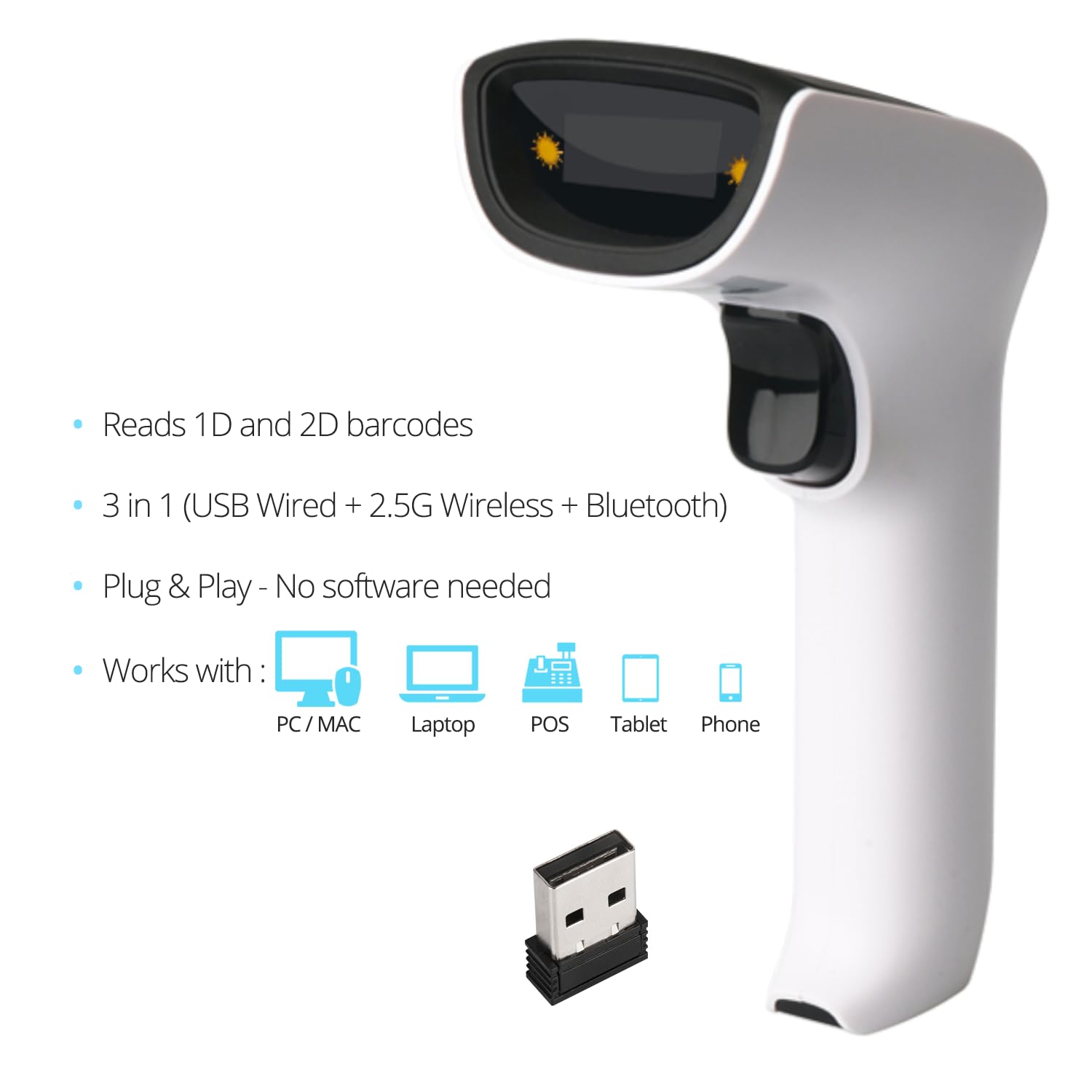 ScanAvenger Wireless Bluetooth Barcode Scanner - Portable 1D & 2D Handheld Scanner with Rechargeable Battery, USB Connectivity for Inventory Management, QR Code Reader - Perfect for Retail Stores, Warehouses and Small Business POS Systems