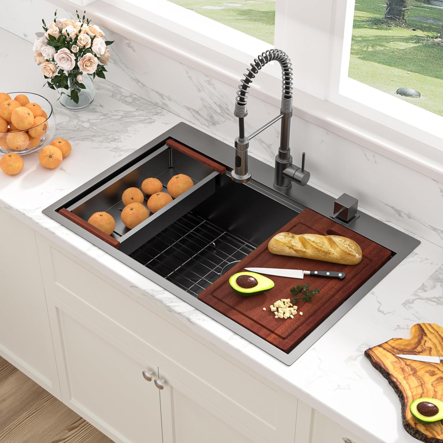 33 Inch Black Drop-In Kitchen Sink Workstation - 16 Gauge Stainless Steel Topmount Sink with Deep Single Bowl | Perfect for Food Prep, Dishwashing & Small Kitchen Spaces
